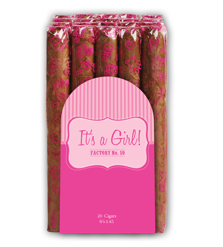 Pack of Factory Throwouts Factory No. 59 It's a Girl cigars with a pink label indicating 'It's a Girl!' on a white background