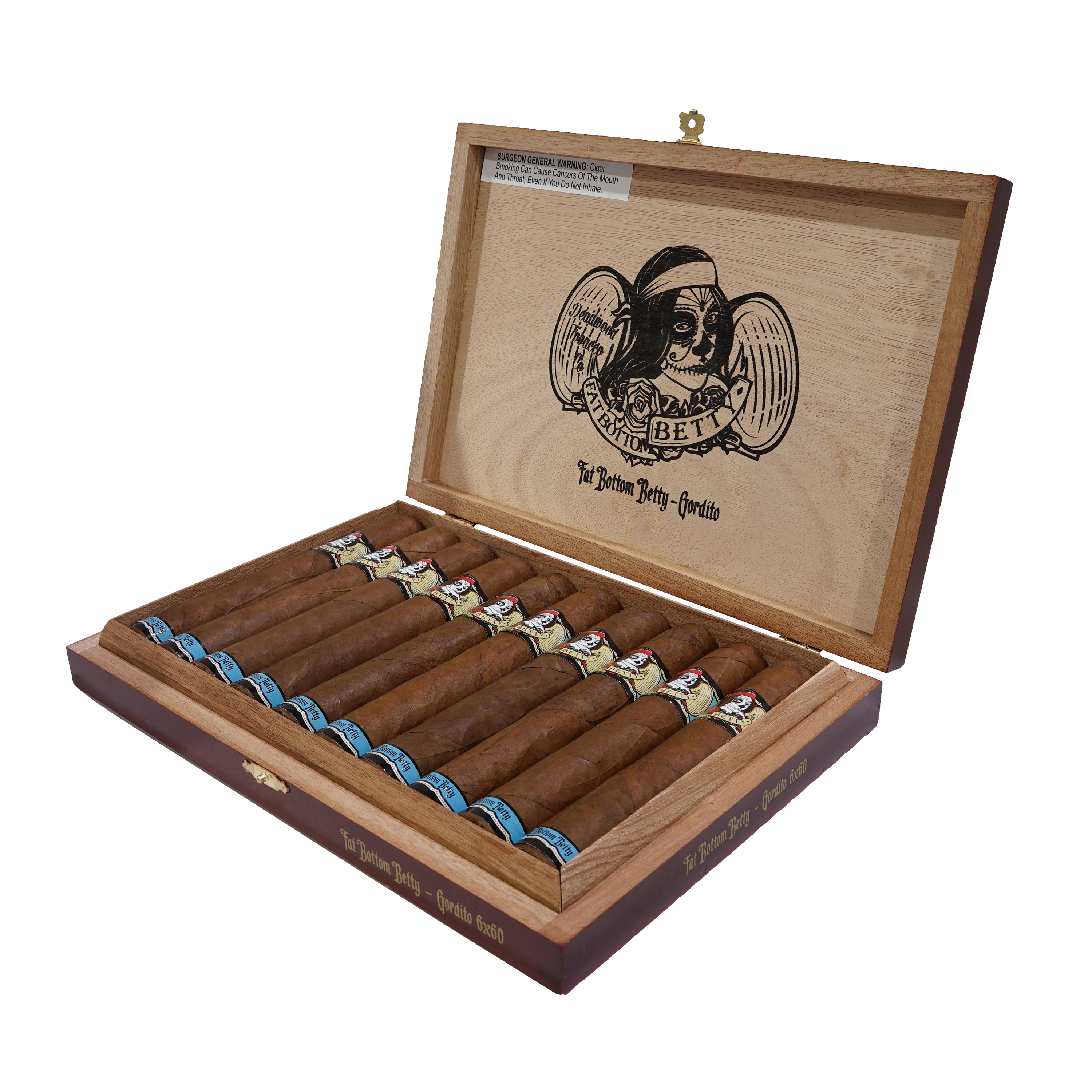 Open wooden cigar box with cigars and band labels on a white background
