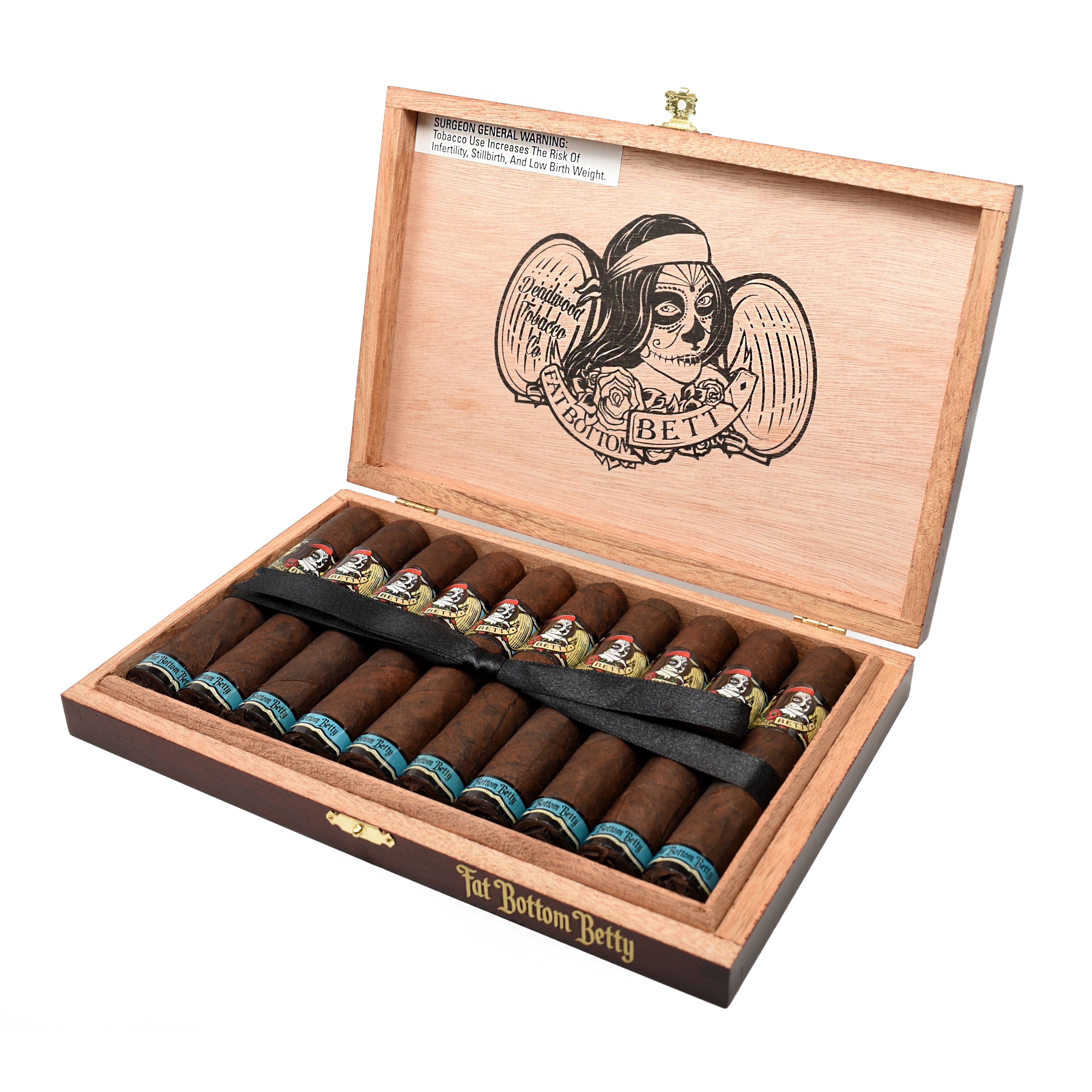 Open wooden box containing cigars with a brand logo on a white background