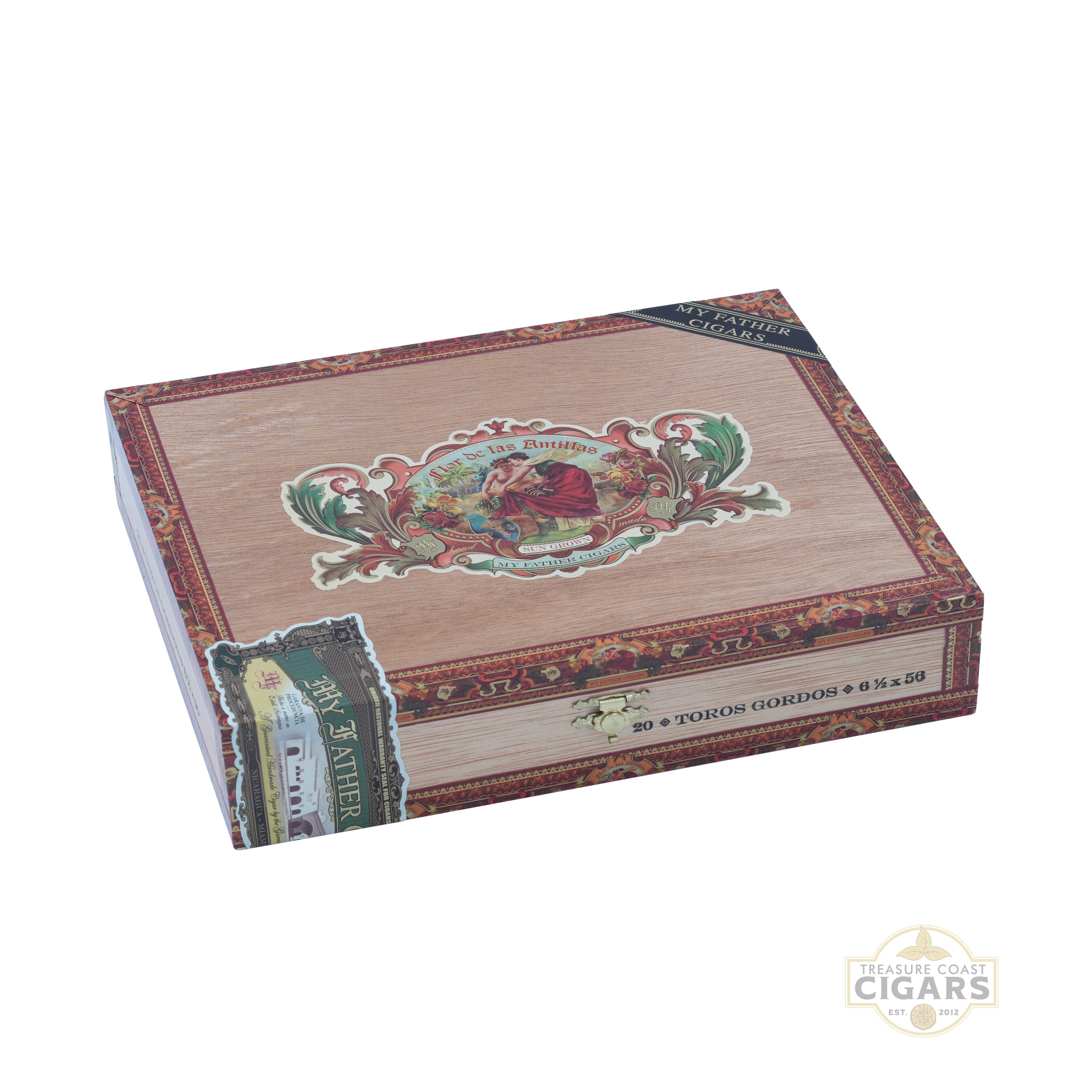 Flor de las Antillas Toro Gordo Cigar box with decorative design on a white background