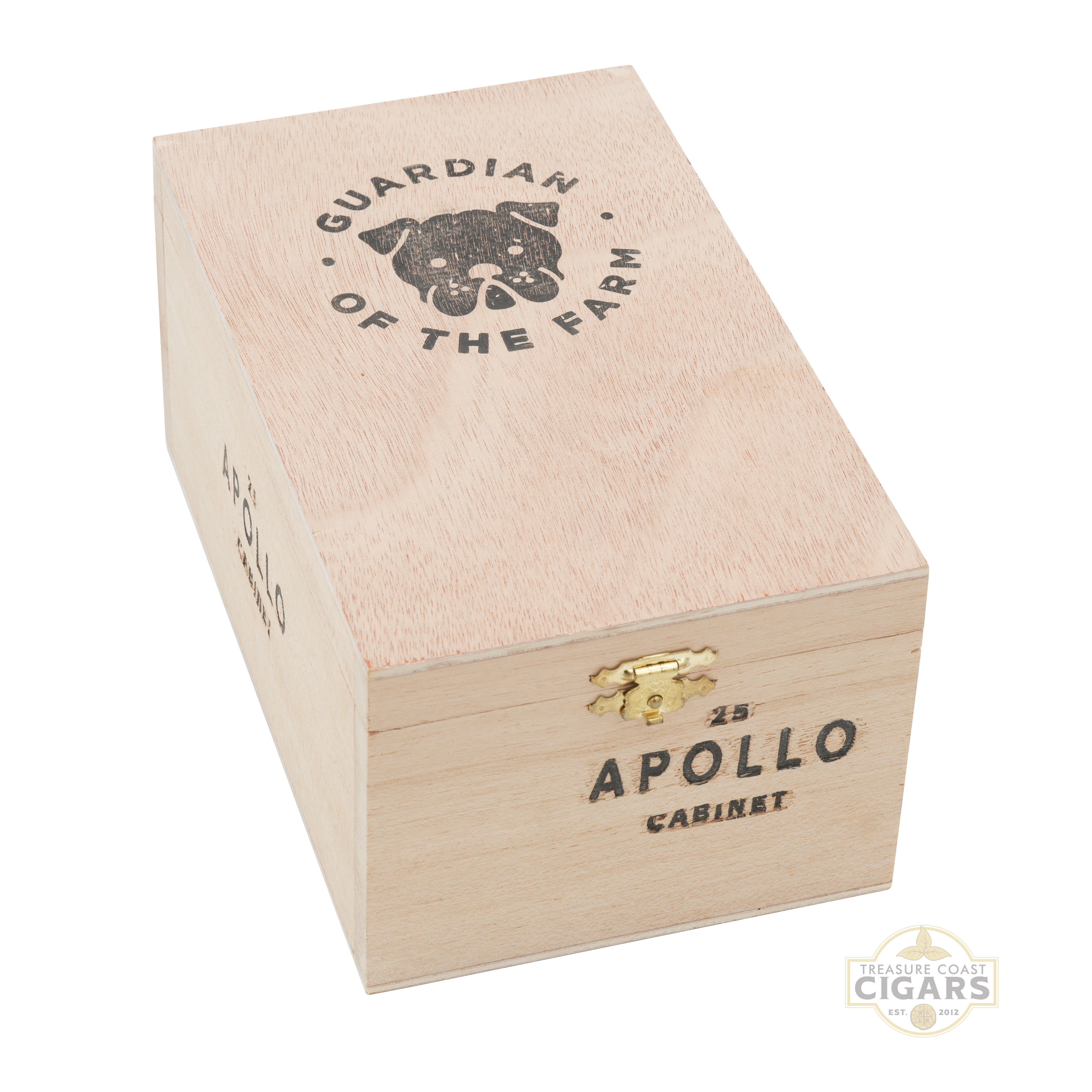 Wooden cigar box with 'Apollo Cabinet' branding on a white background