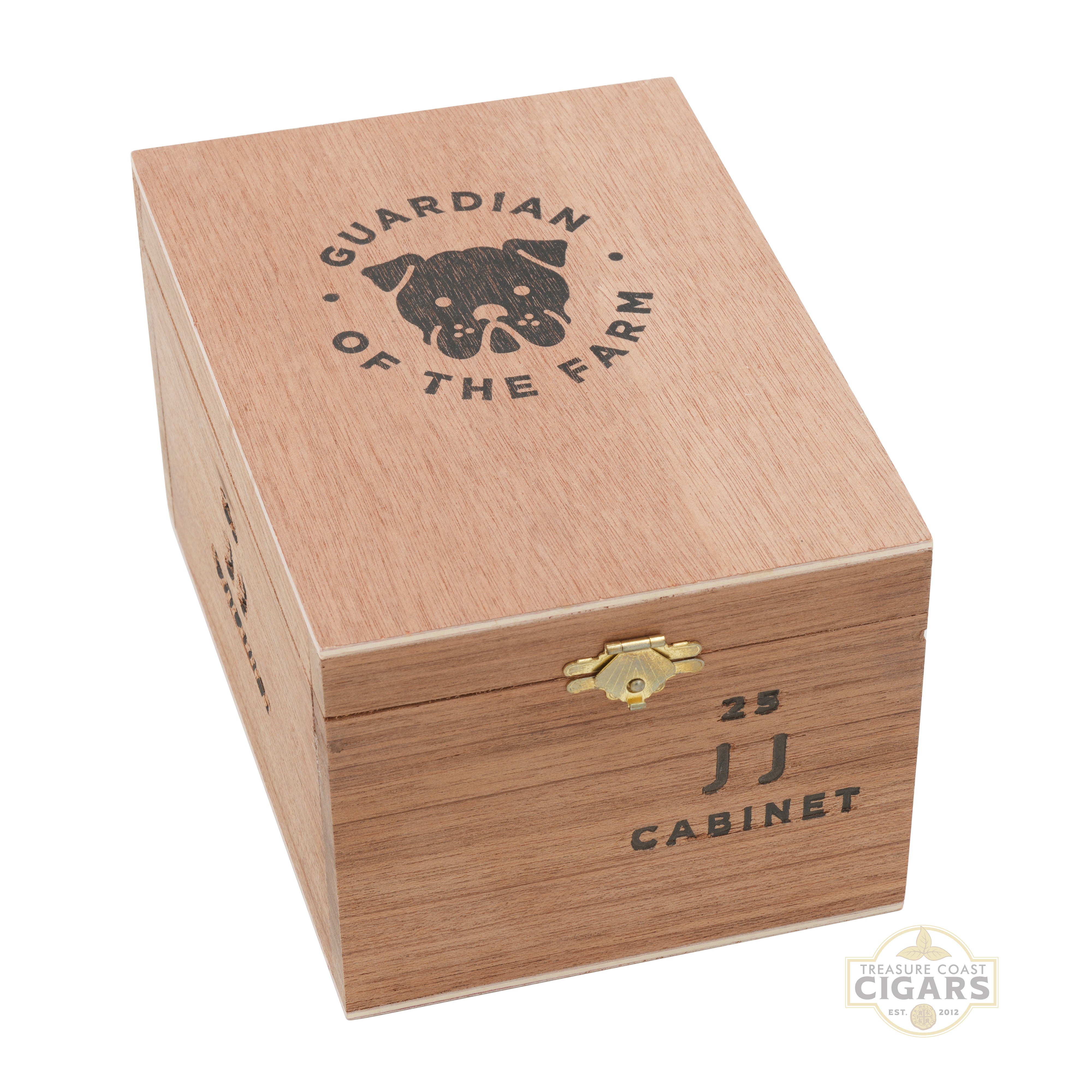 Wooden cigar humidor with 'Guardian of the Farm' and 'JJ Cabinet' branding on a white background.