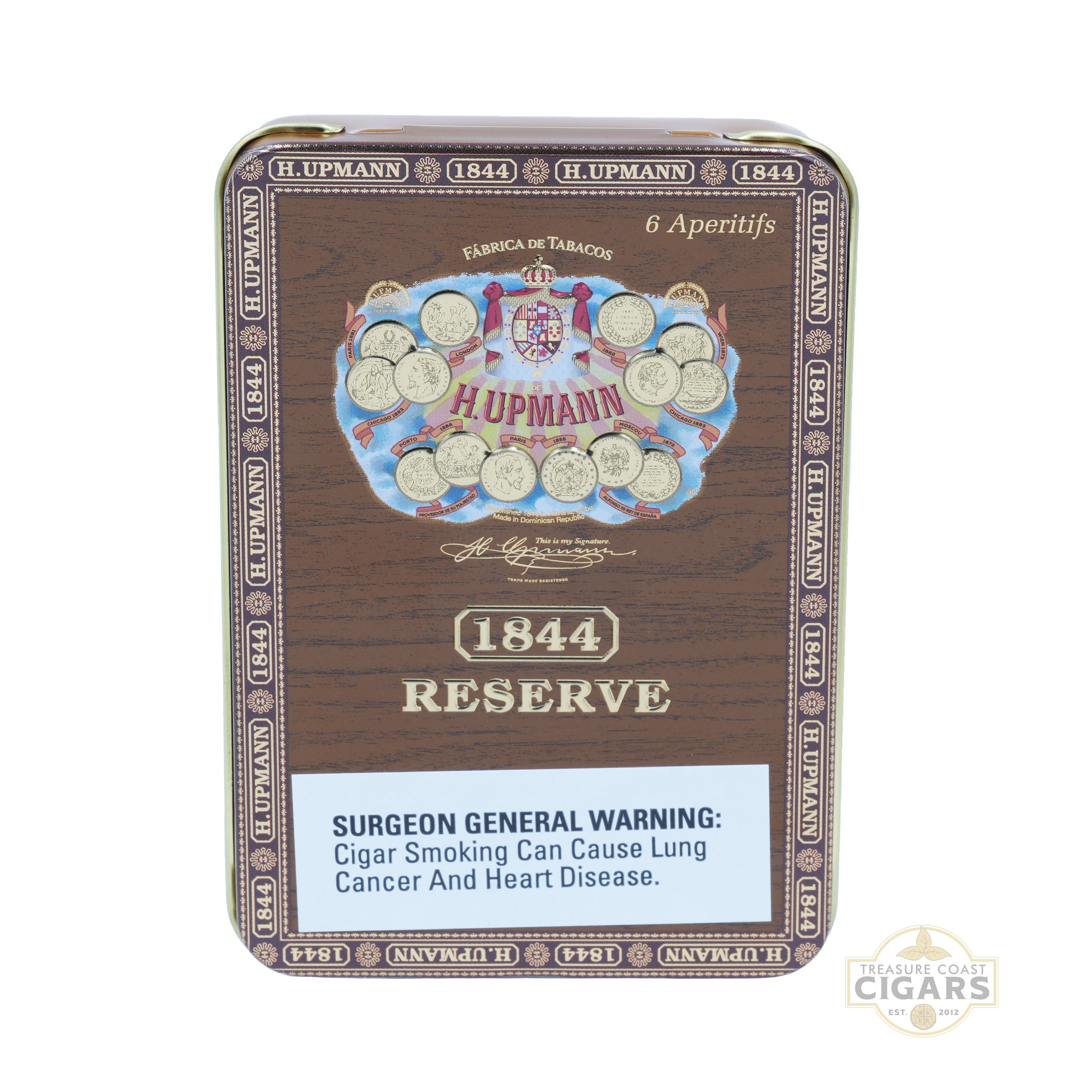 H. Upmann 1844 Reserve cigar tin with branding and warning label on a white background