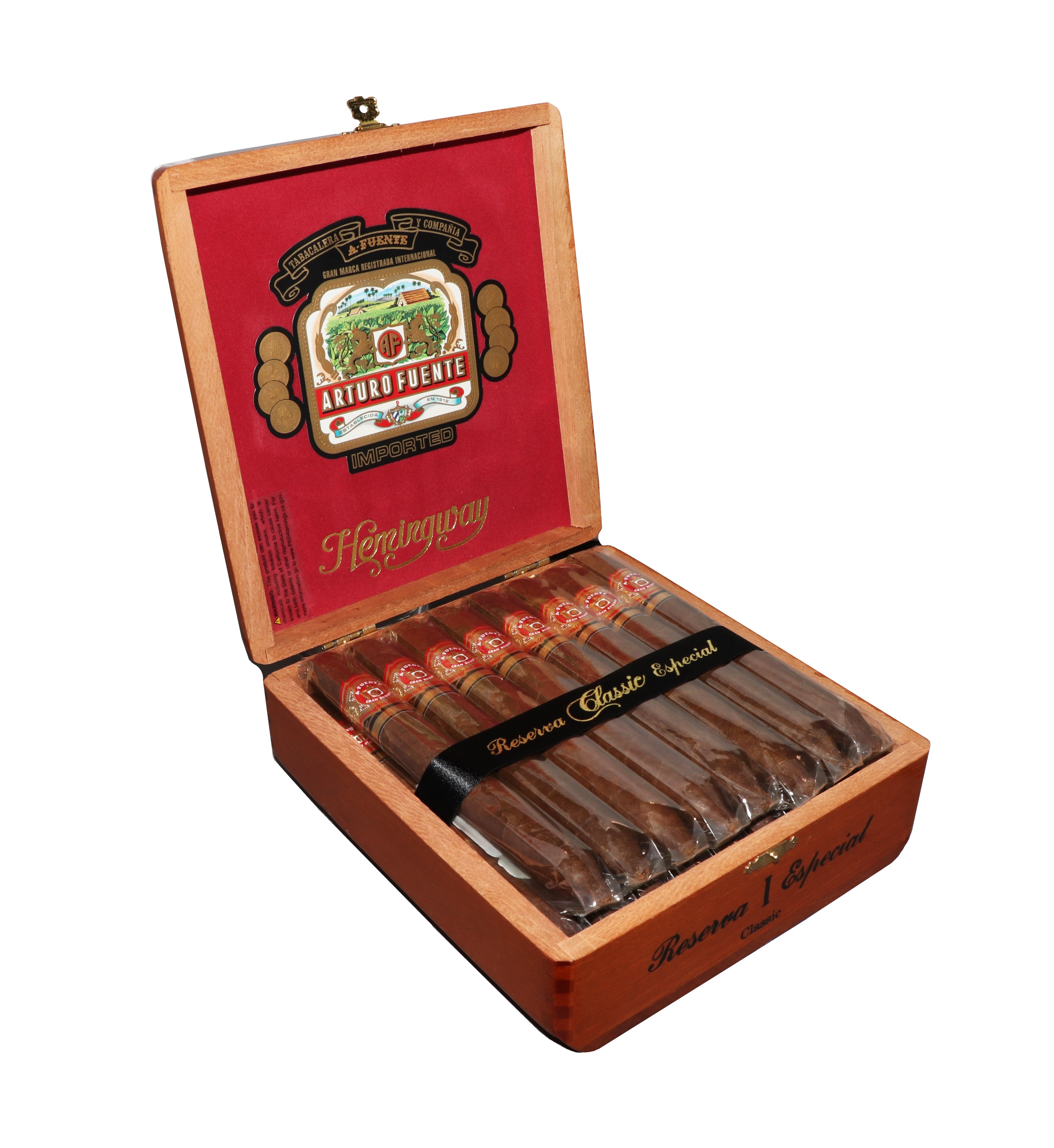 Open wooden cigar box displaying Arturo Fuente Hemingway "Reserva Classic Especial" cigars, arranged in two rows and wrapped in cellophane, with a red velvet-lined lid featuring the Arturo Fuente logo and gold "Hemingway" text.