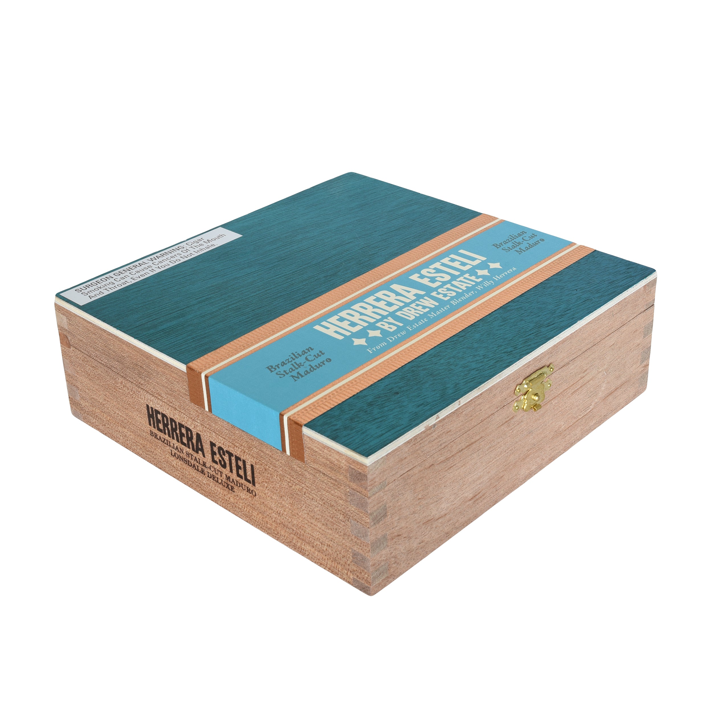 Cigar box with blue top and wooden sides on a white background