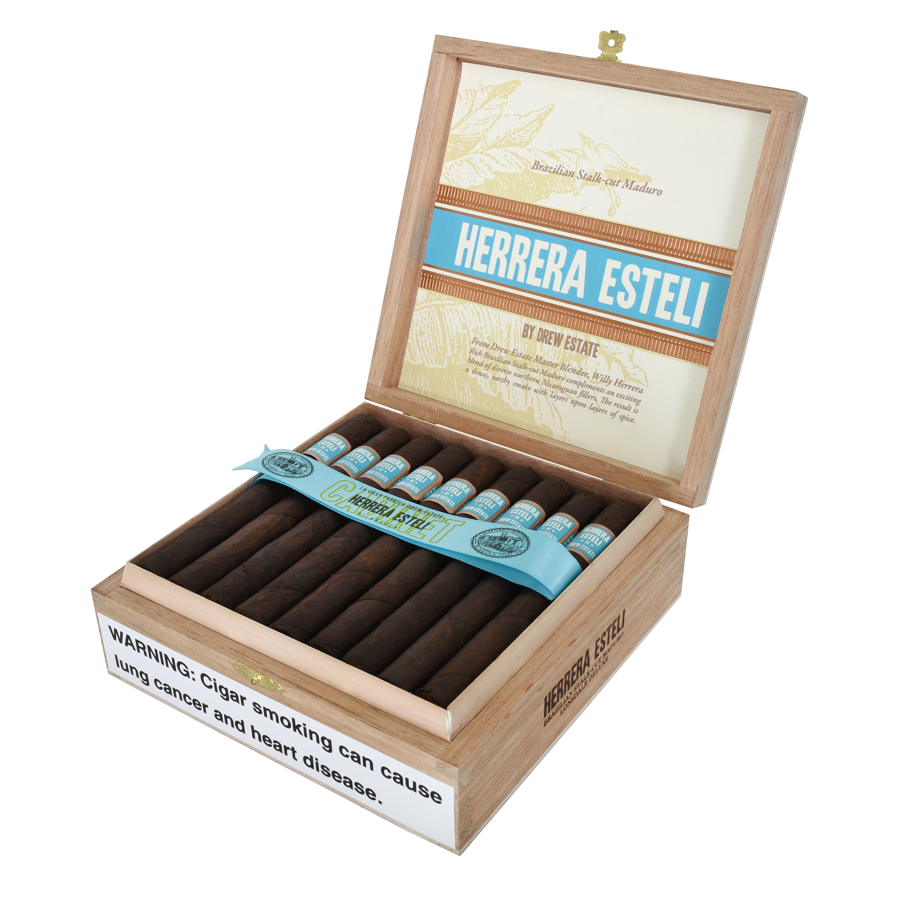 Open wooden box of Herrera Esteli cigars with a warning label on a white background