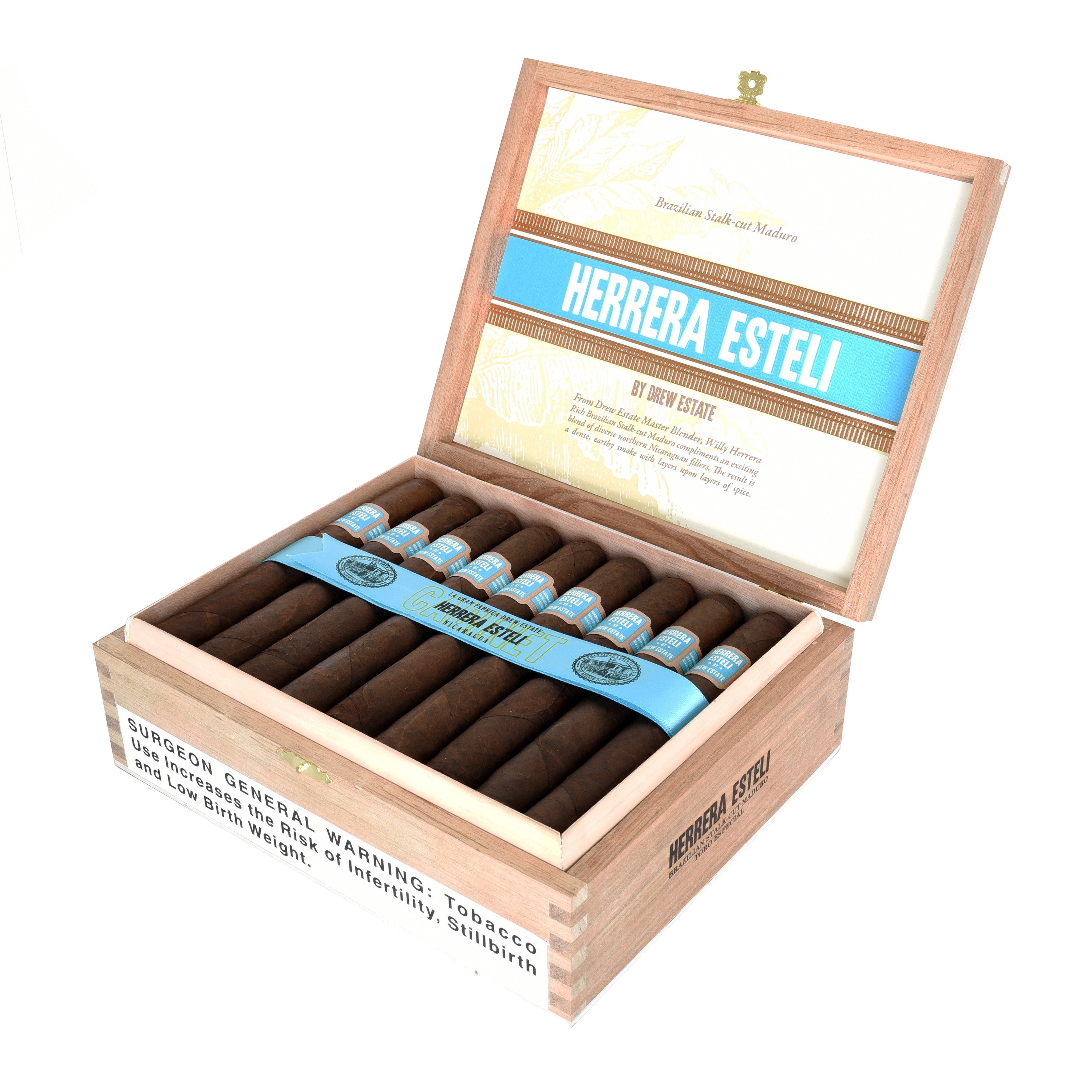 Open wooden box of Herrera Esteli cigars on a white background