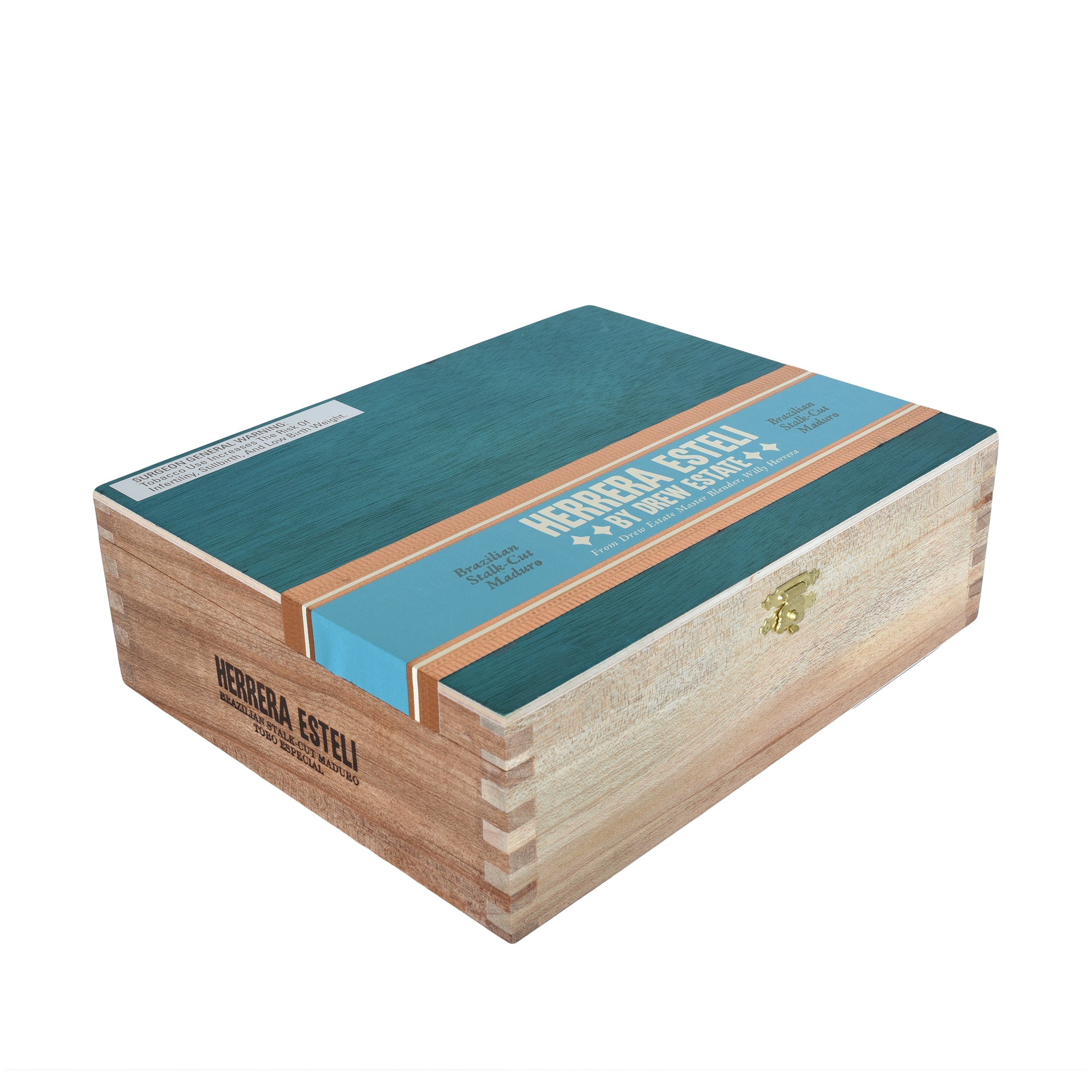 Cigar box with blue top and wooden sides on a white background