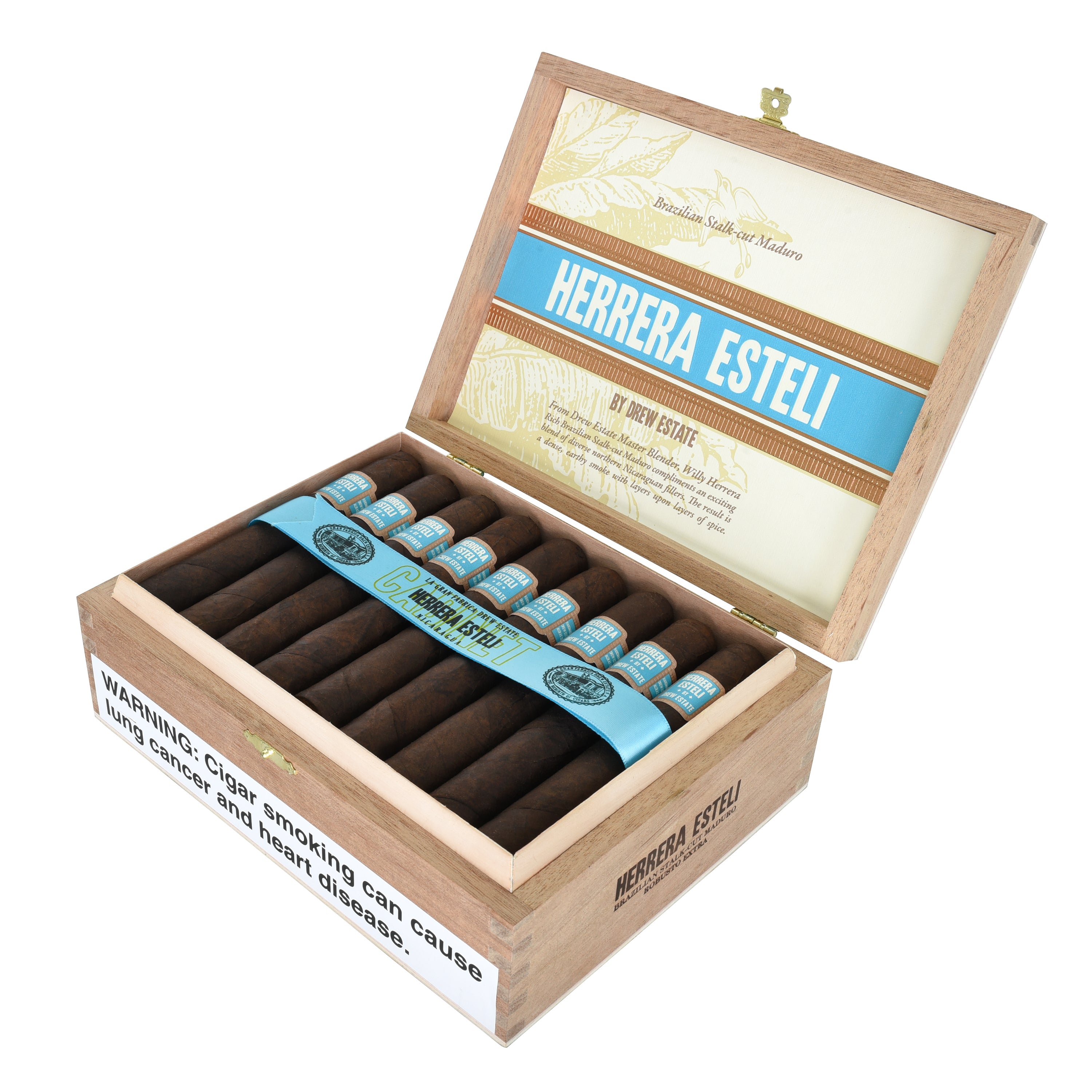 Open wooden box of Herrera Esteli Brazilian maduro robusto with cigars inside on a white background