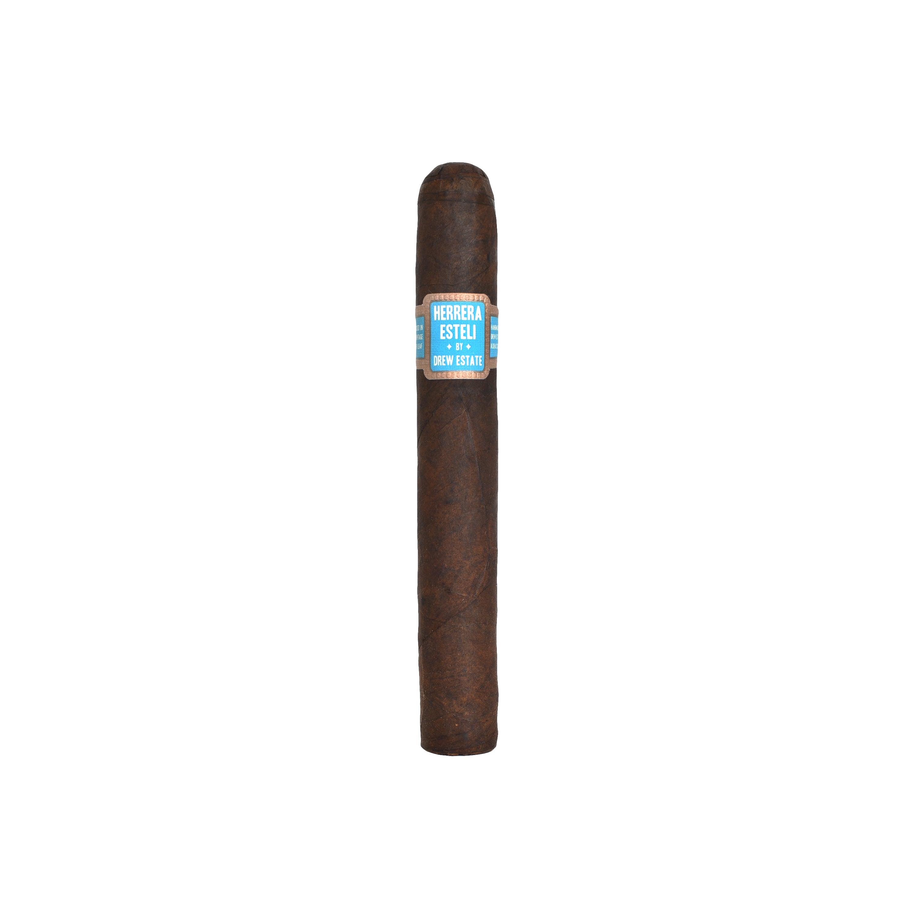 A dark colored cigar with a blue and white label that reads "Herrera Esteli" and "Drew Estate" is displayed against a plain white background.