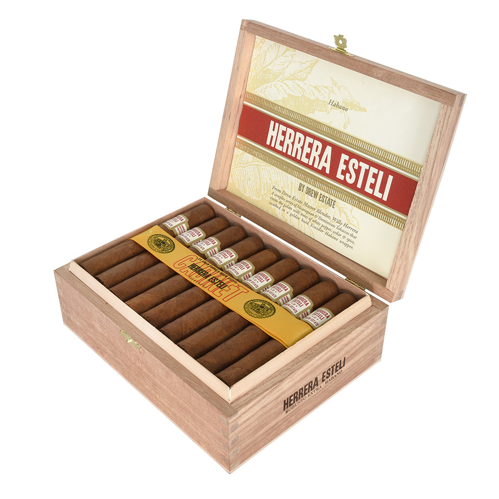 Open wooden box of Herrera Esteli cigars on a white background