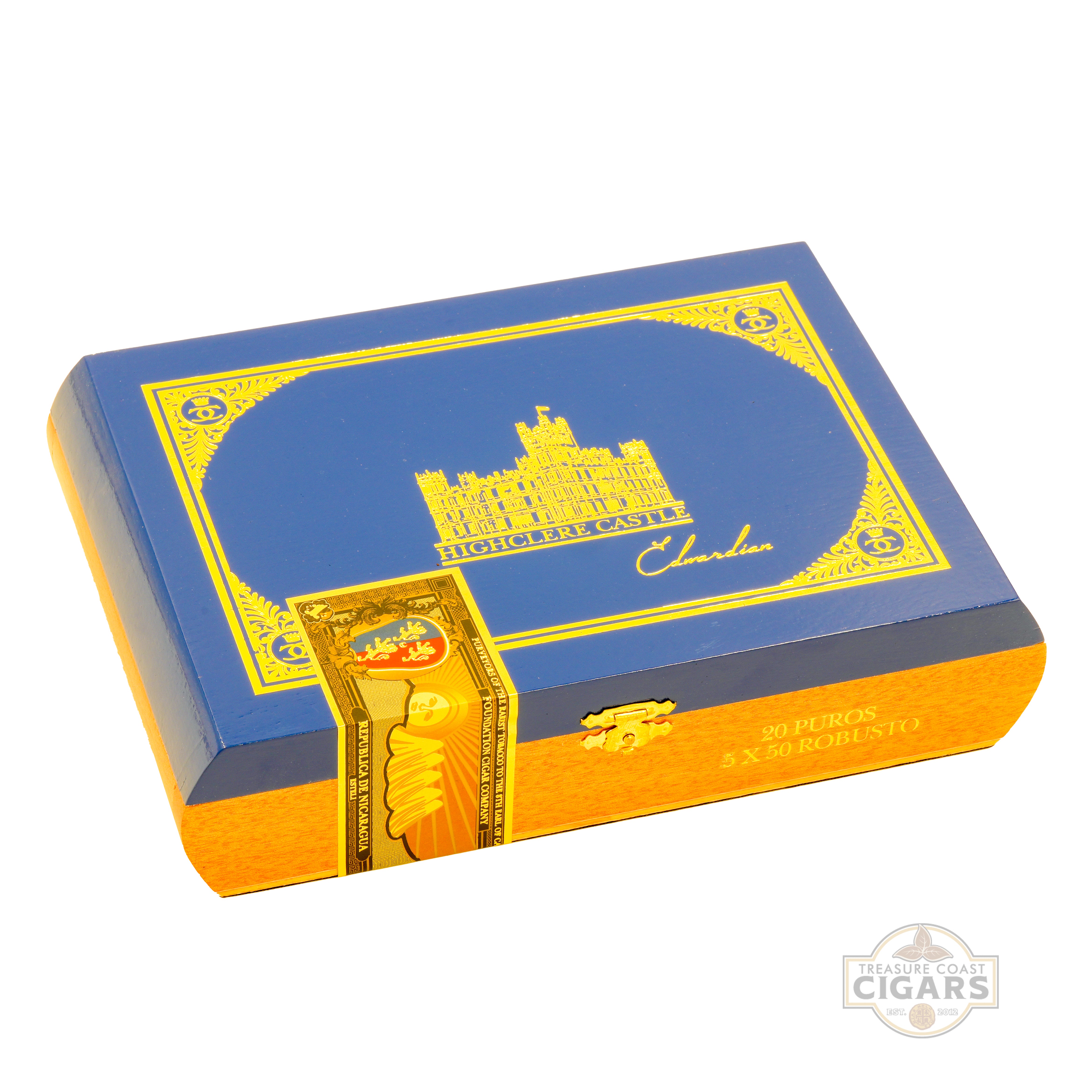 Cigar box with blue and gold design featuring a castle illustration on a white background