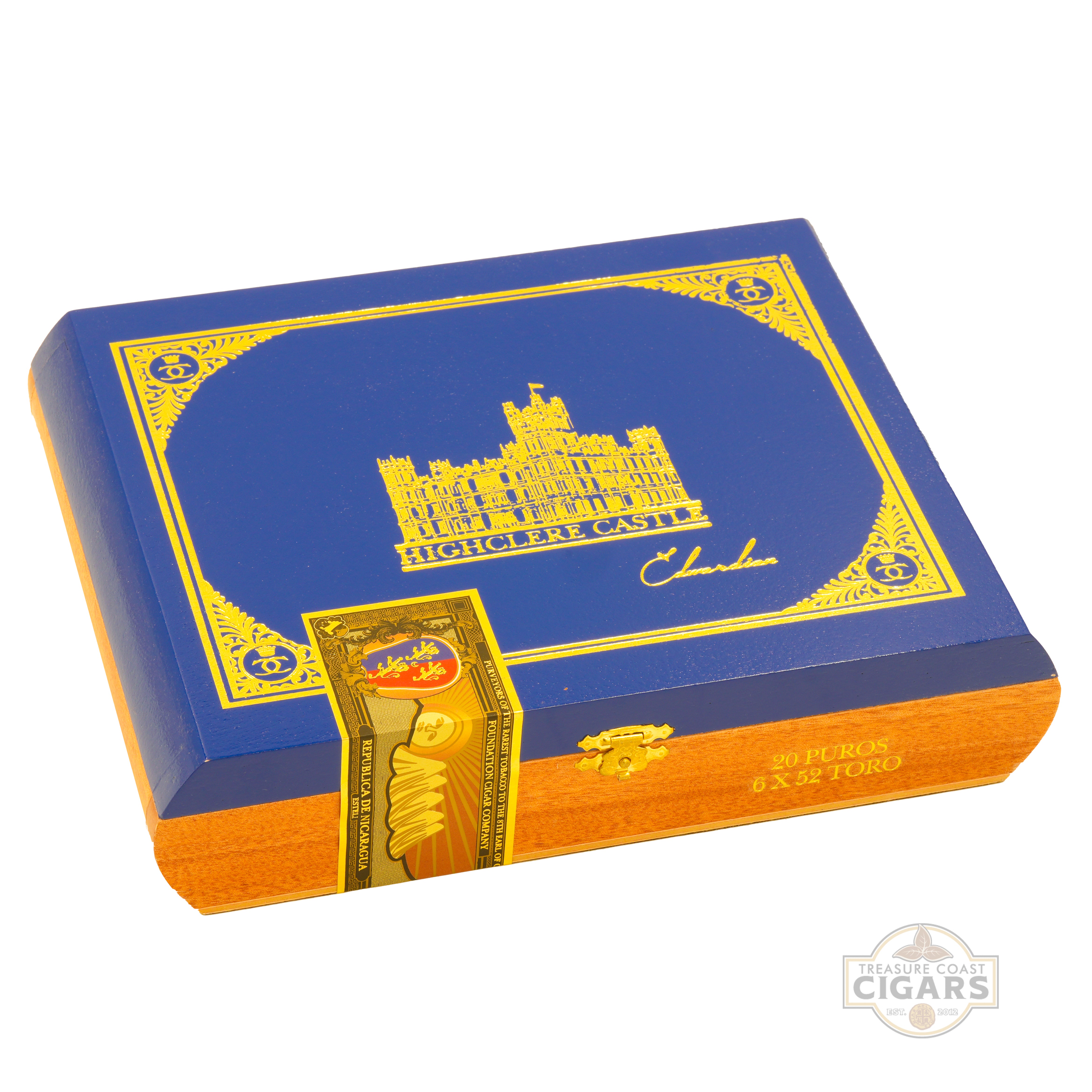 Cigar box with blue and orange design featuring a castle illustration on a white background