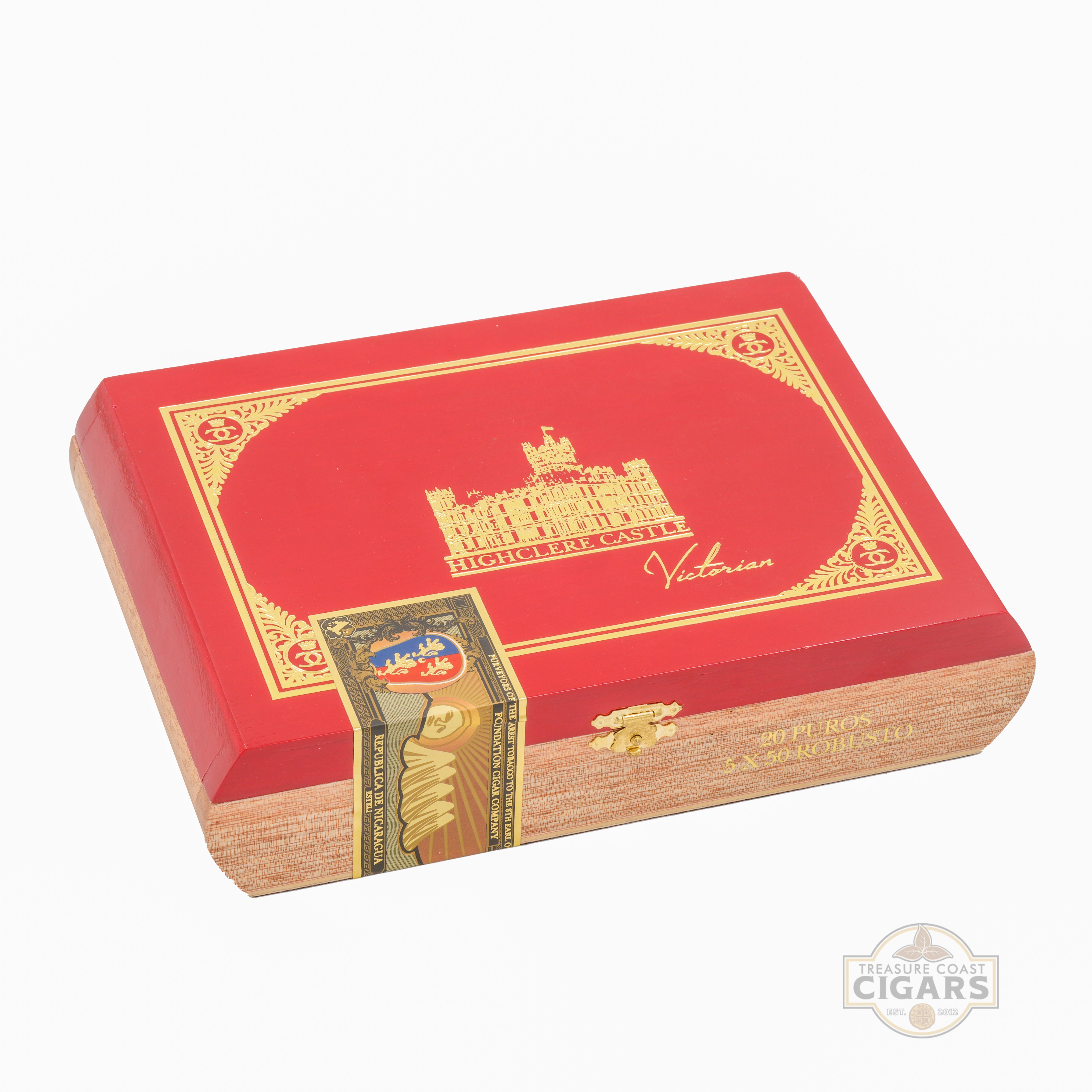 Red and gold Victoria cigar box on a white background