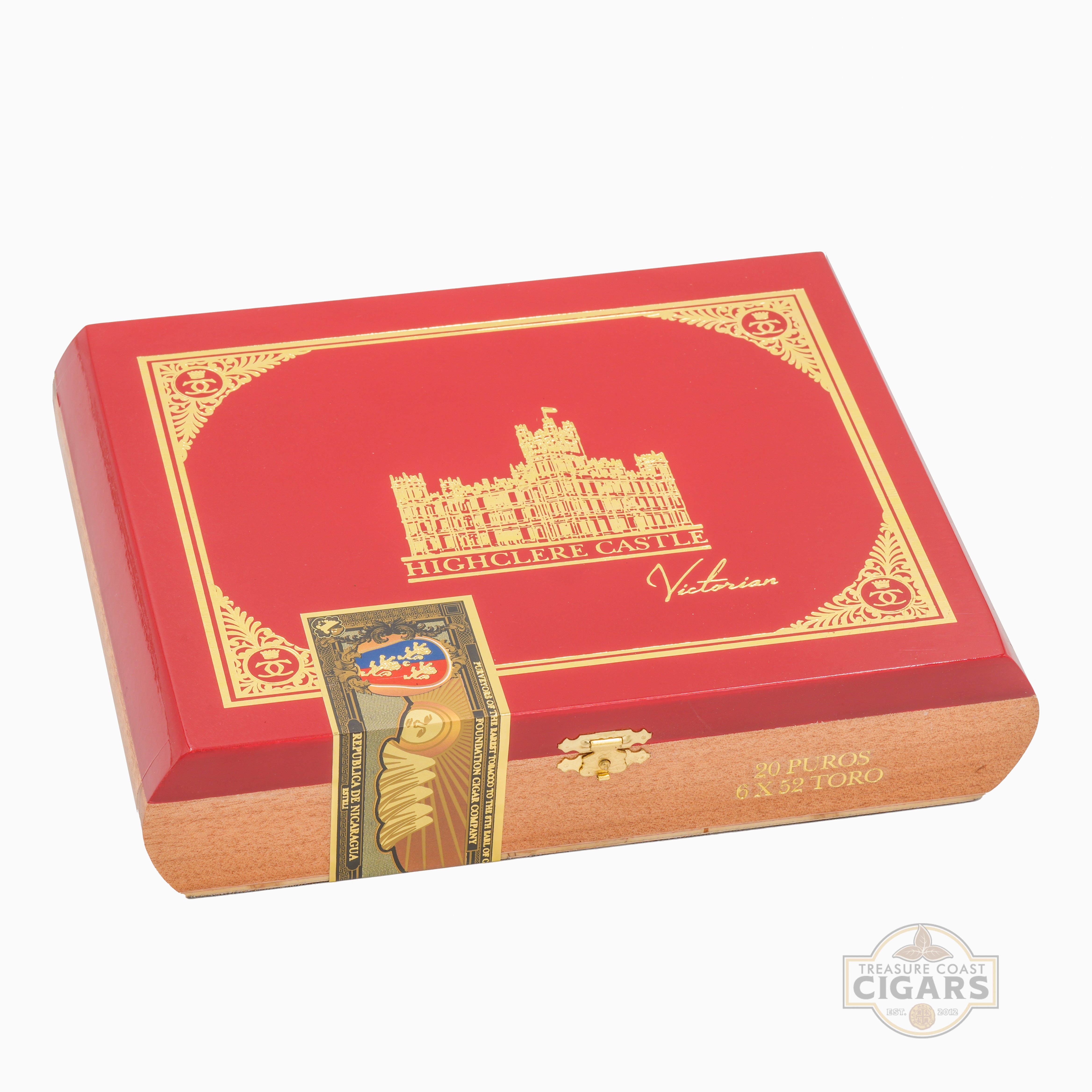 Red and gold box of Highclere Castle Victorian cigars on a white background