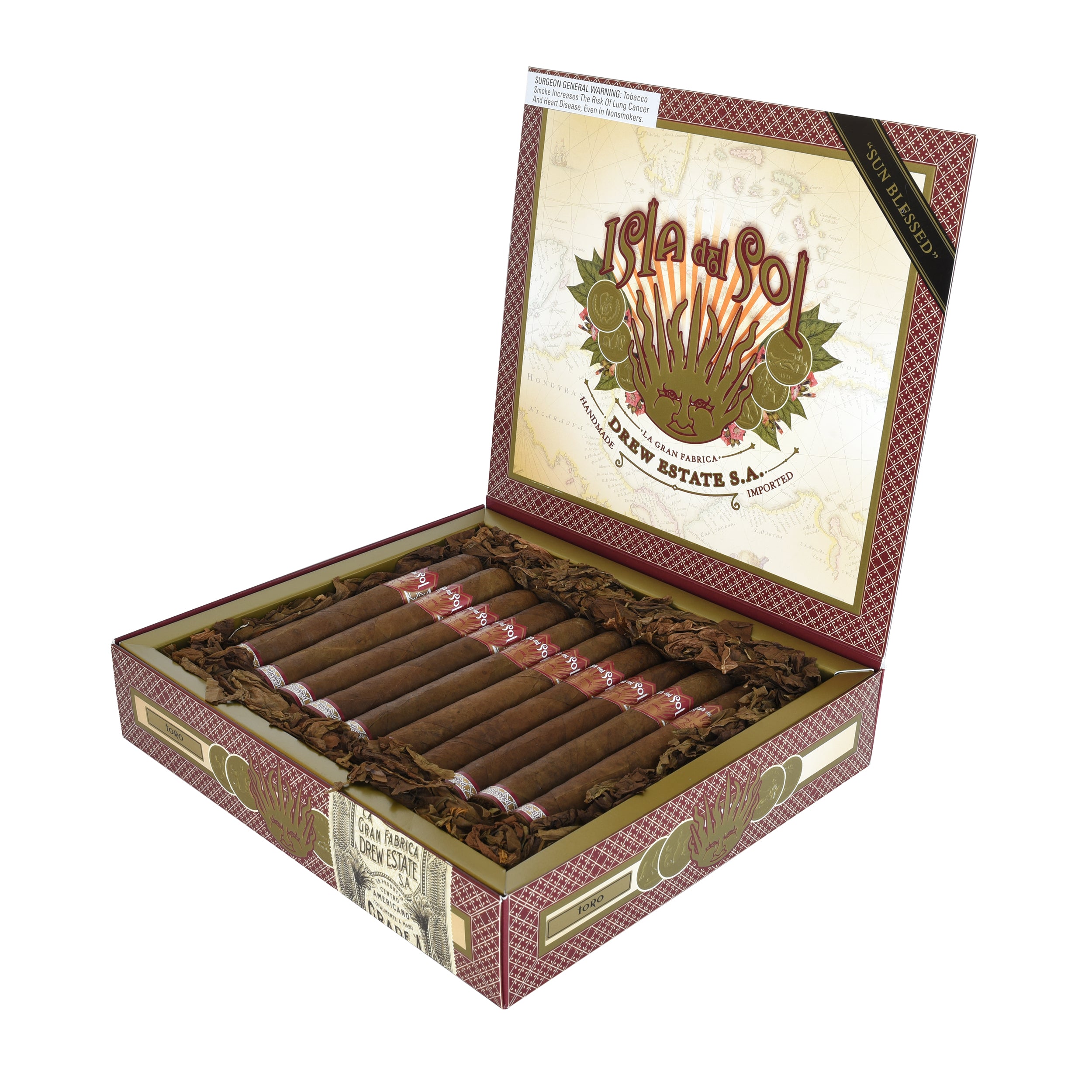 Open box of cigars with a visible brand logo on a white background