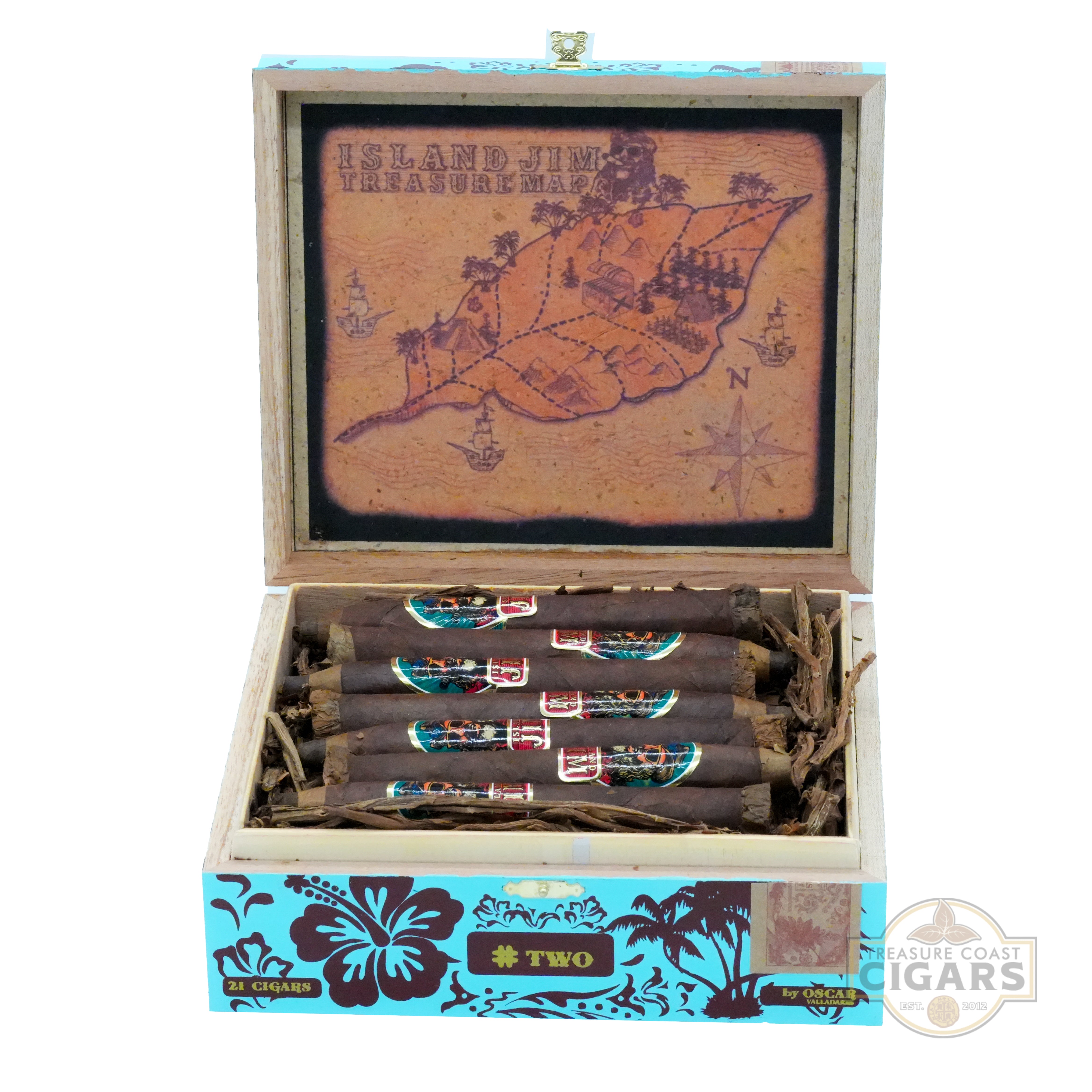 Wooden cigar box with 'Island Jim Treasure Map' design and cigars inside.