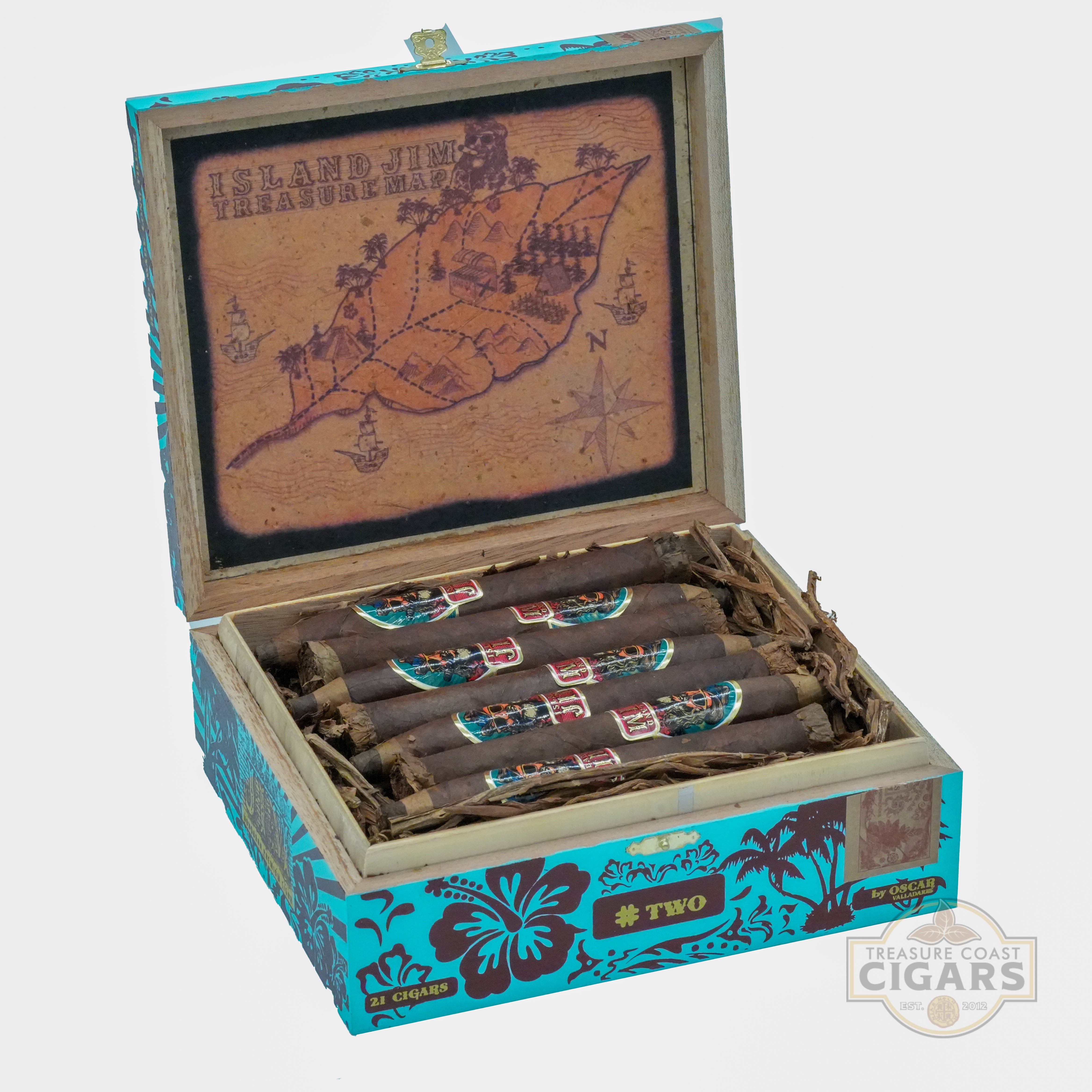 Open wooden cigar box with 'Island Jim' branding and a map design on a white background.