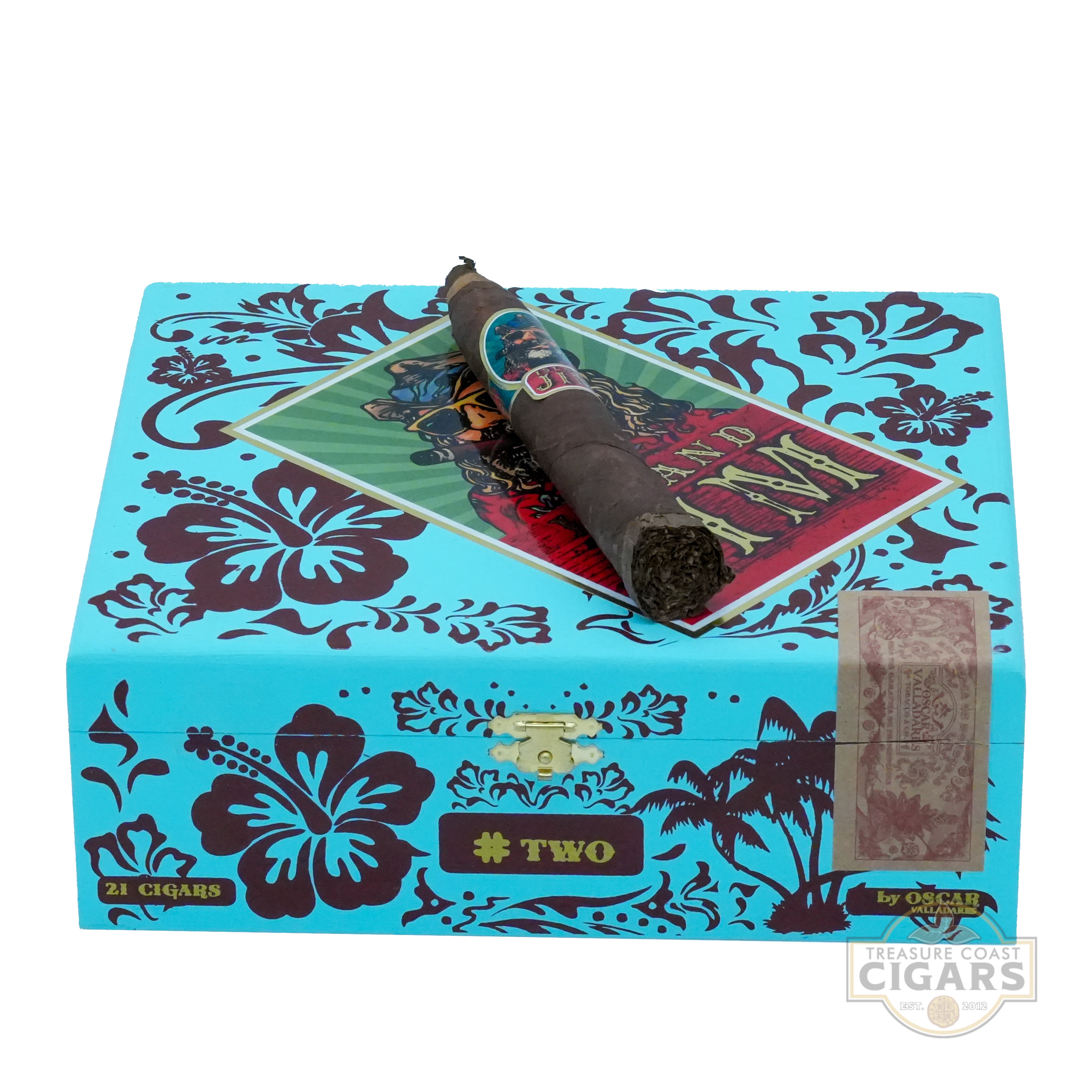 Island Jim Cigar box with decorative design and cigars on a white background