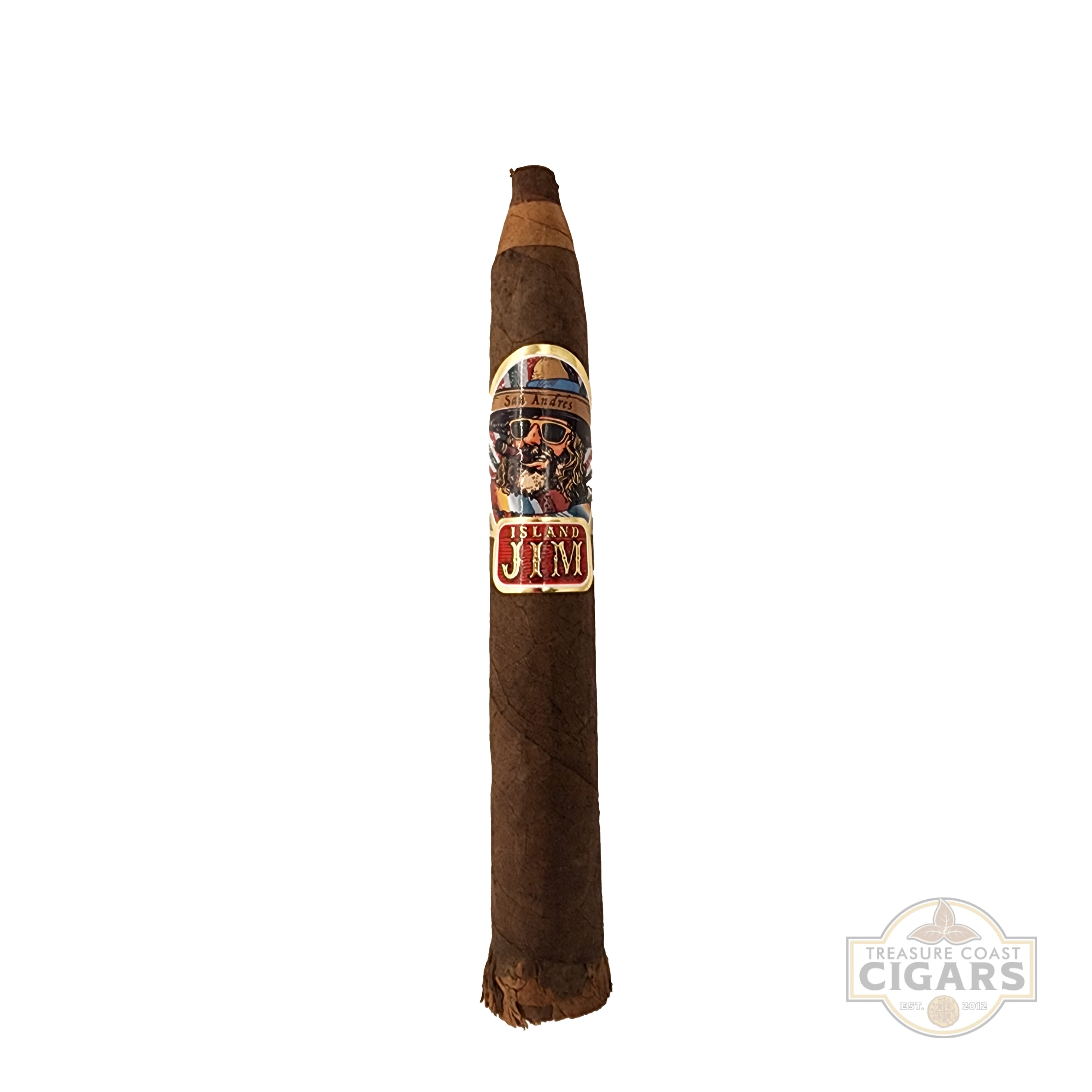Cigar with a label on a white background, featuring 'Island Jim' branding.