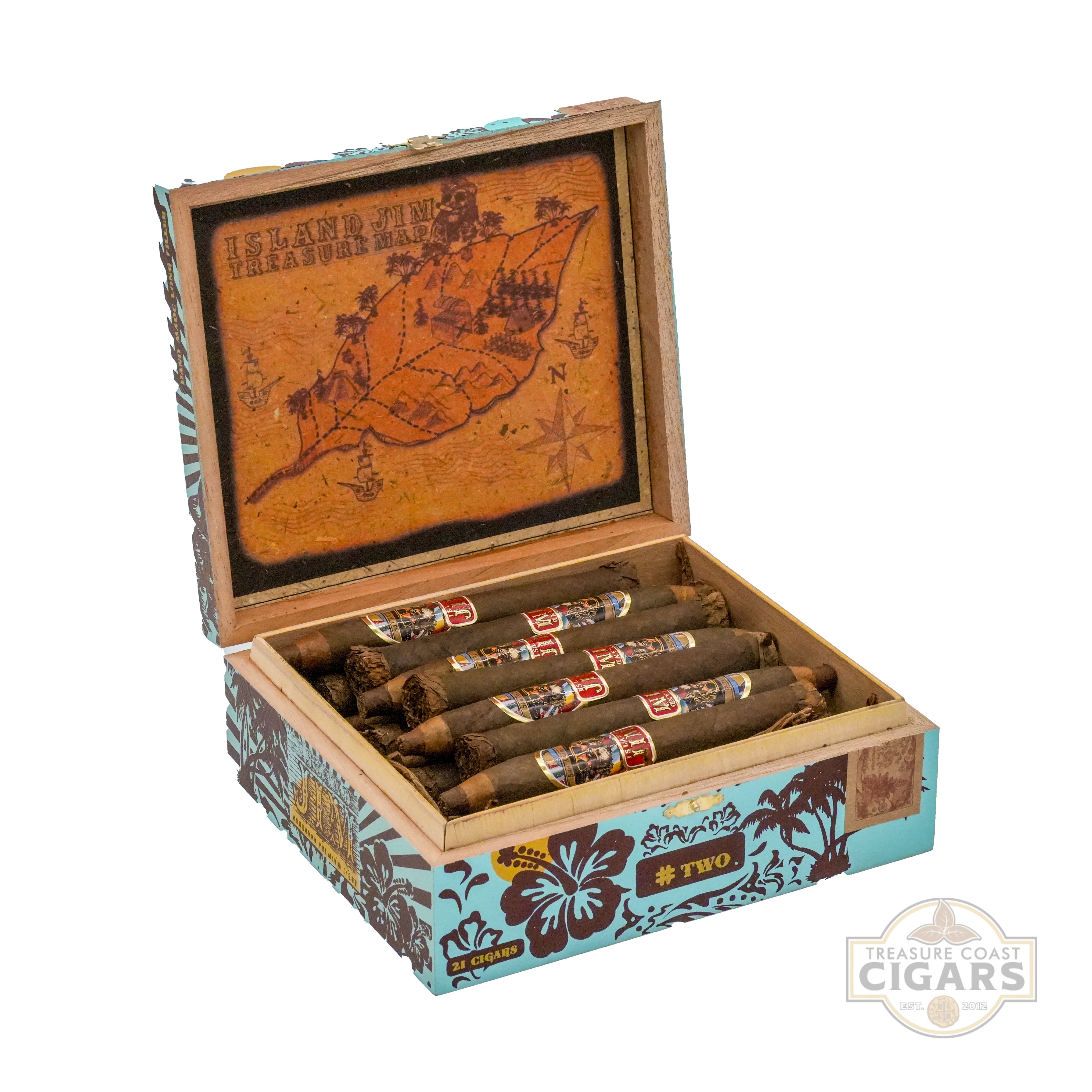 Open wooden cigar box with cigars inside, featuring a map design on the lid, on a white background.