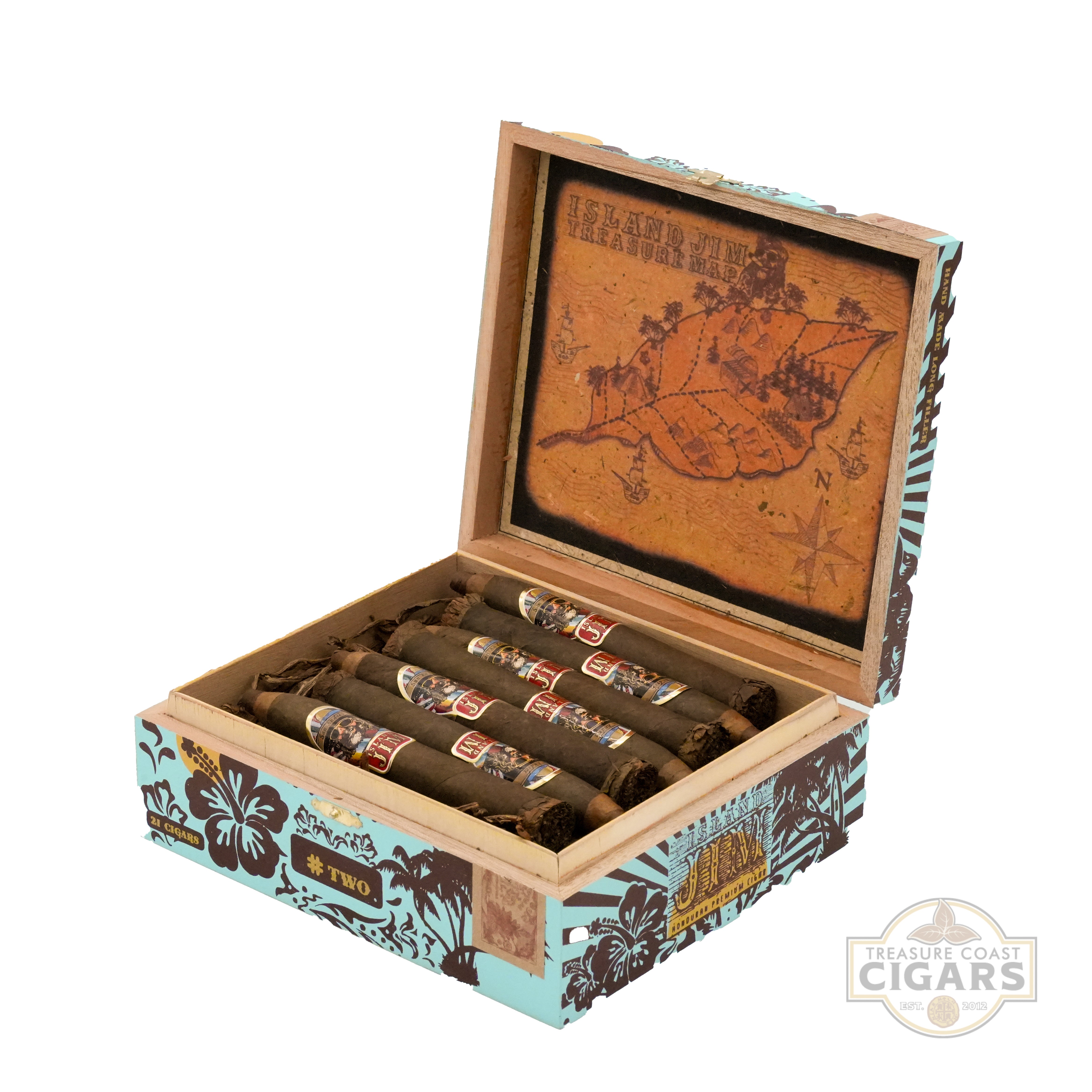Wooden cigar box with cigars and decorative lid featuring a map design, on a white background.