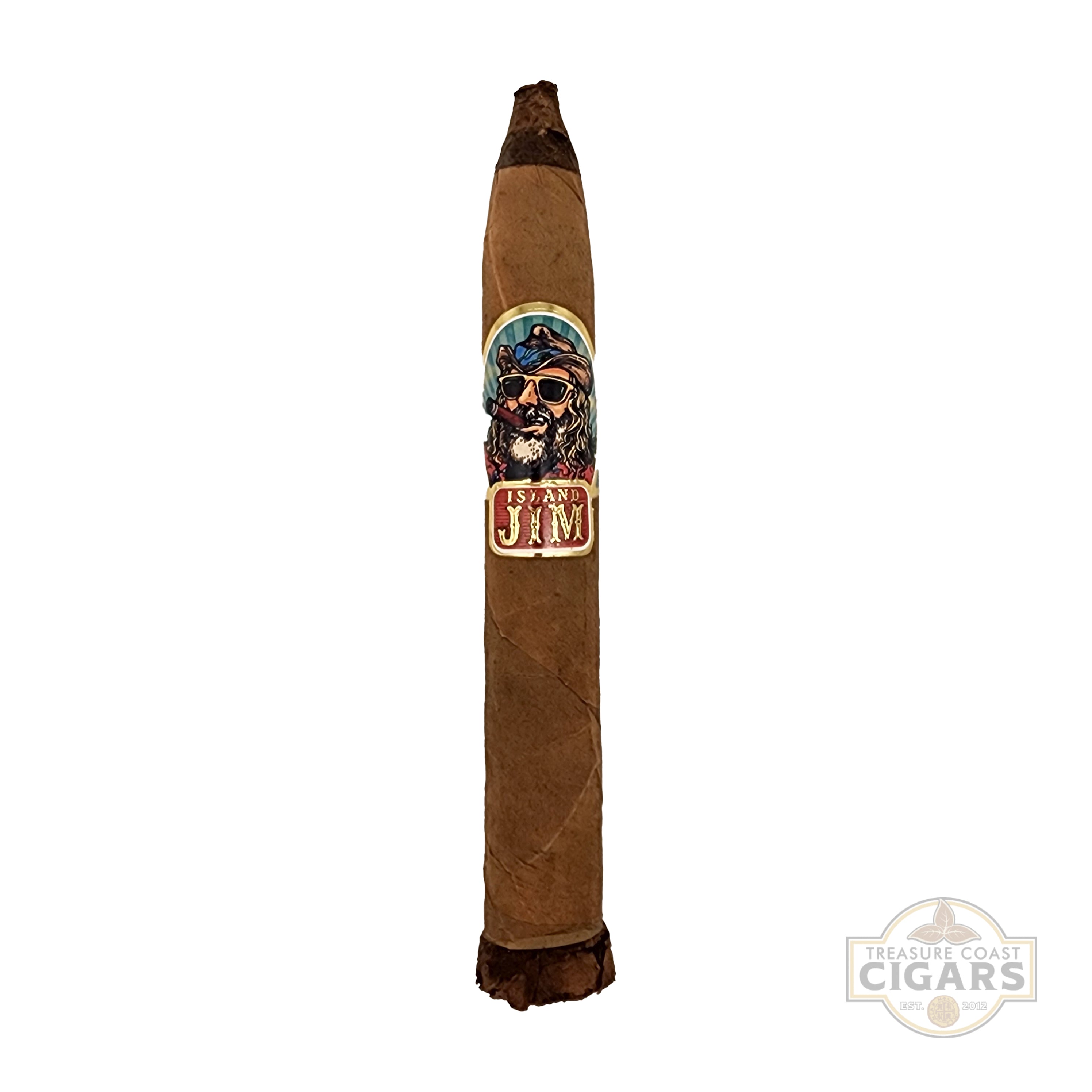 Cigar with a label featuring a face and 'Island Jim' text on a white background, with 'Treasure Coast Cigars' branding.