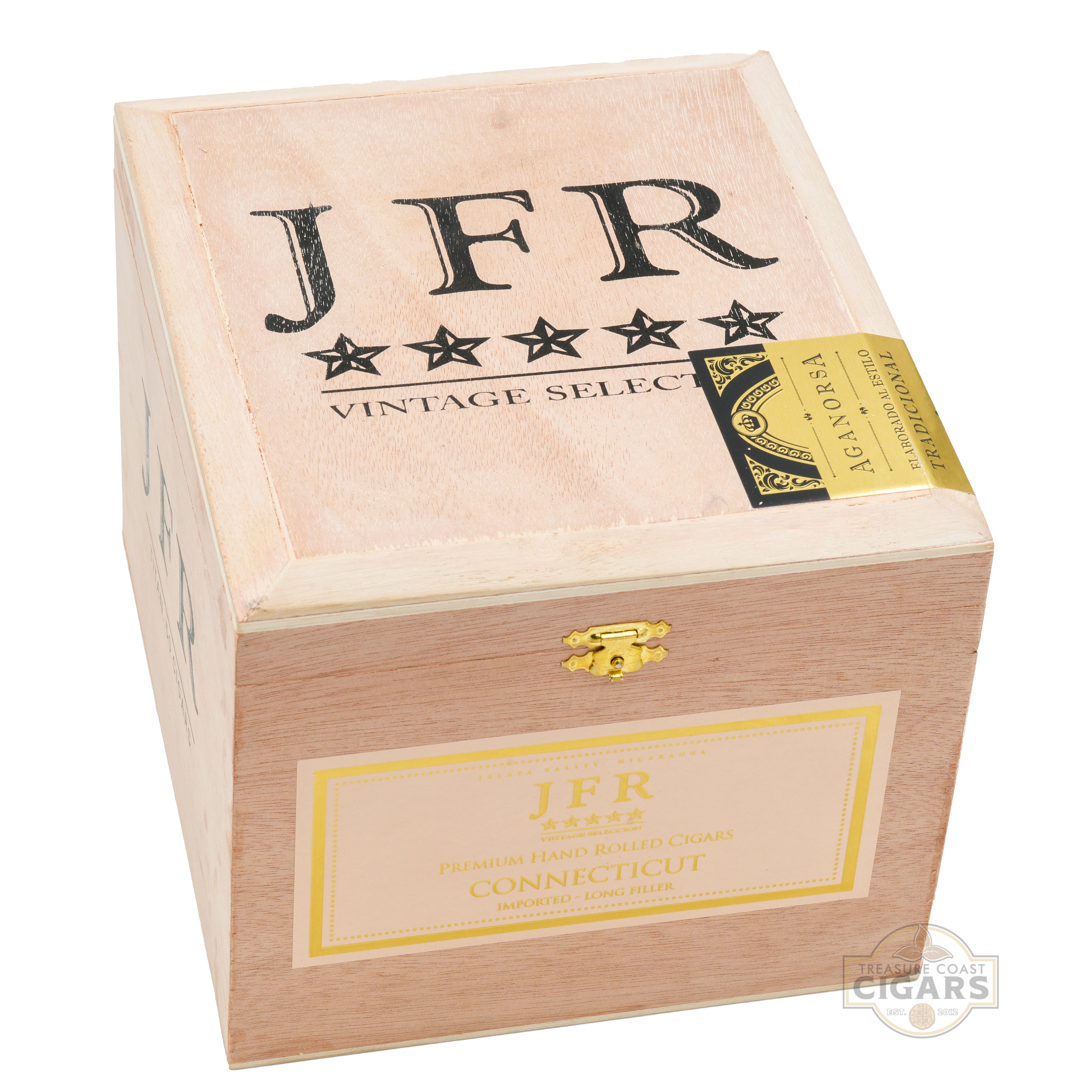 Wooden cigar box with 'JFR' branding on a white background