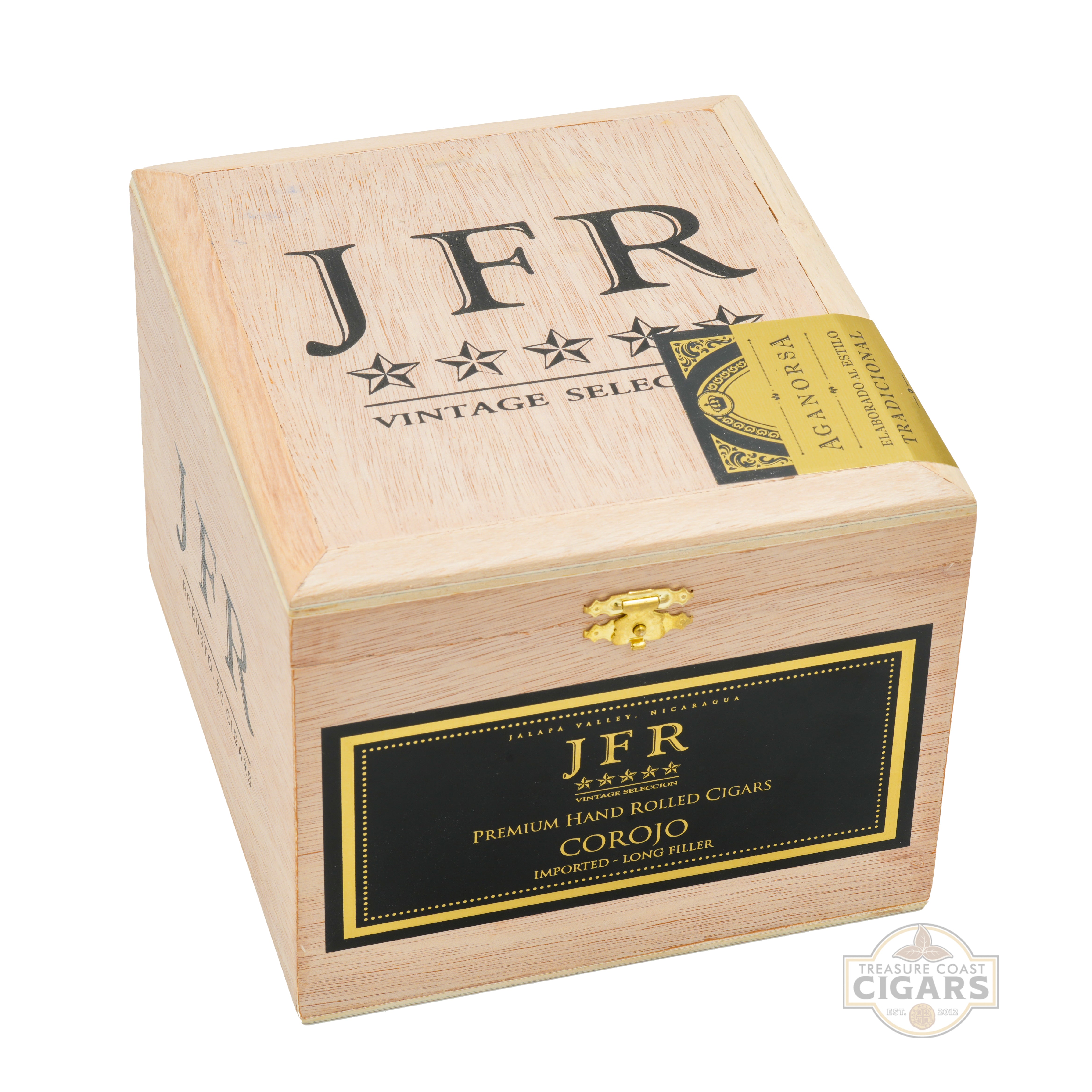 Wooden cigar box with 'JFR' branding on a white background