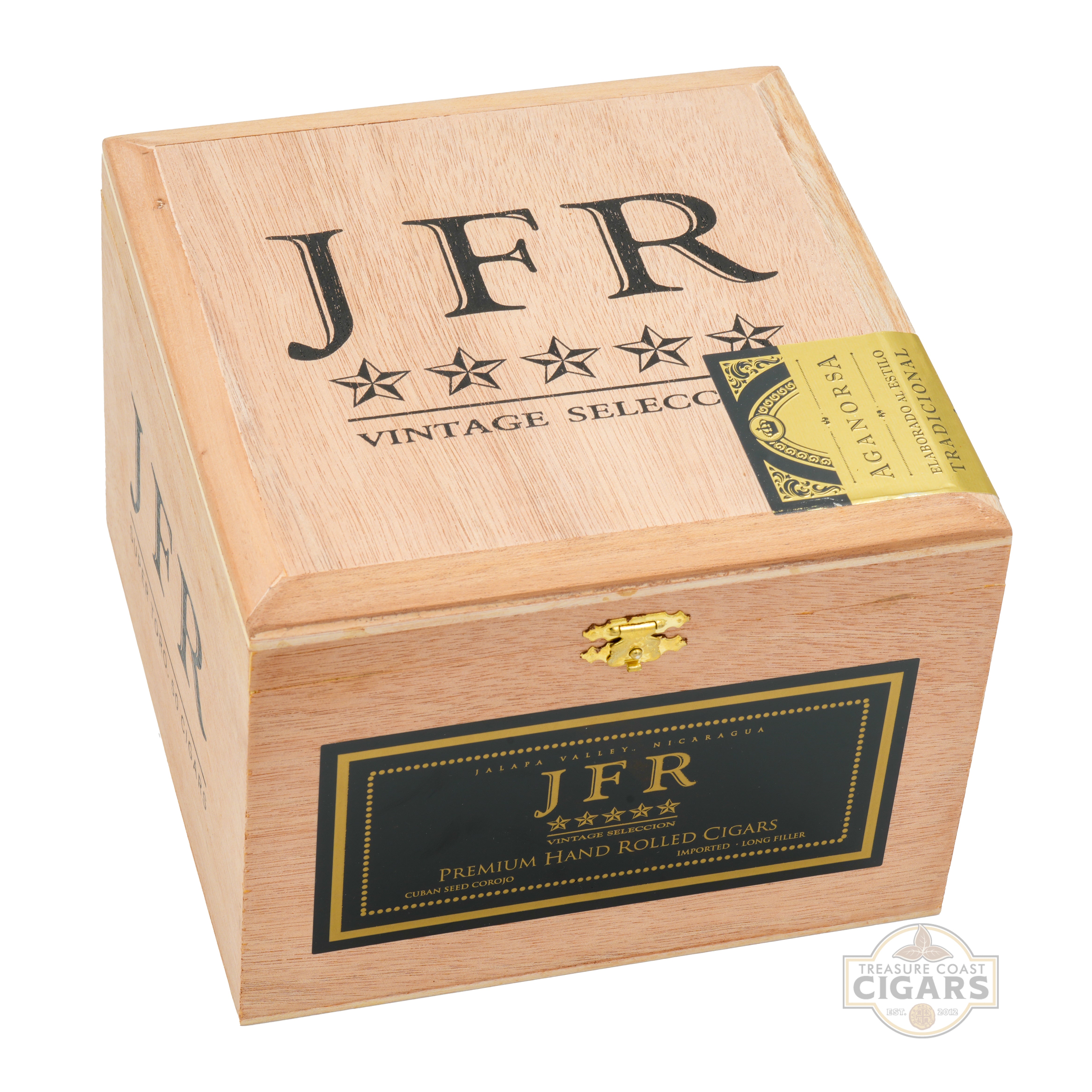 Wooden cigar box with 'JFR' branding on a white background