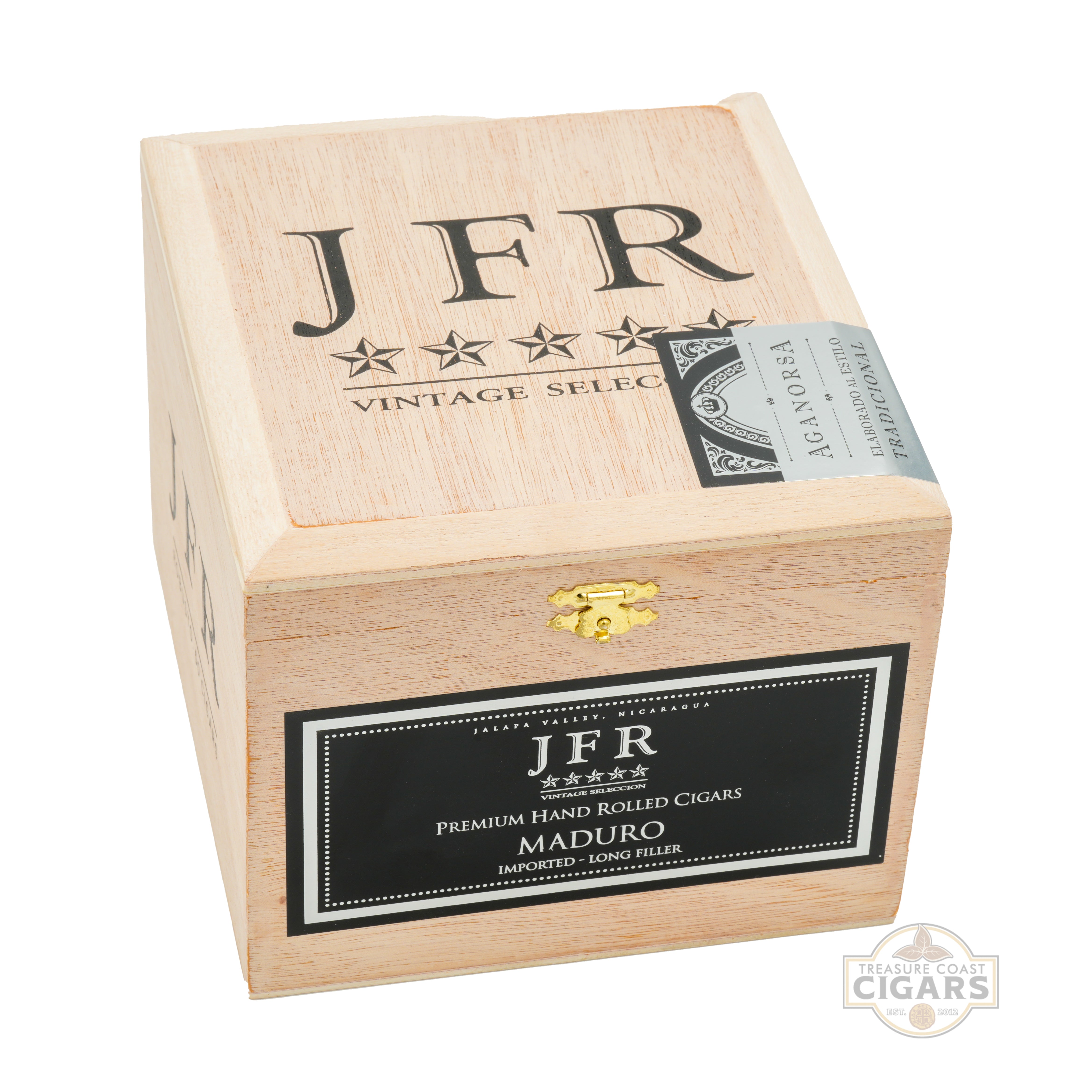 Wooden cigar box with 'JFR' branding on a white background