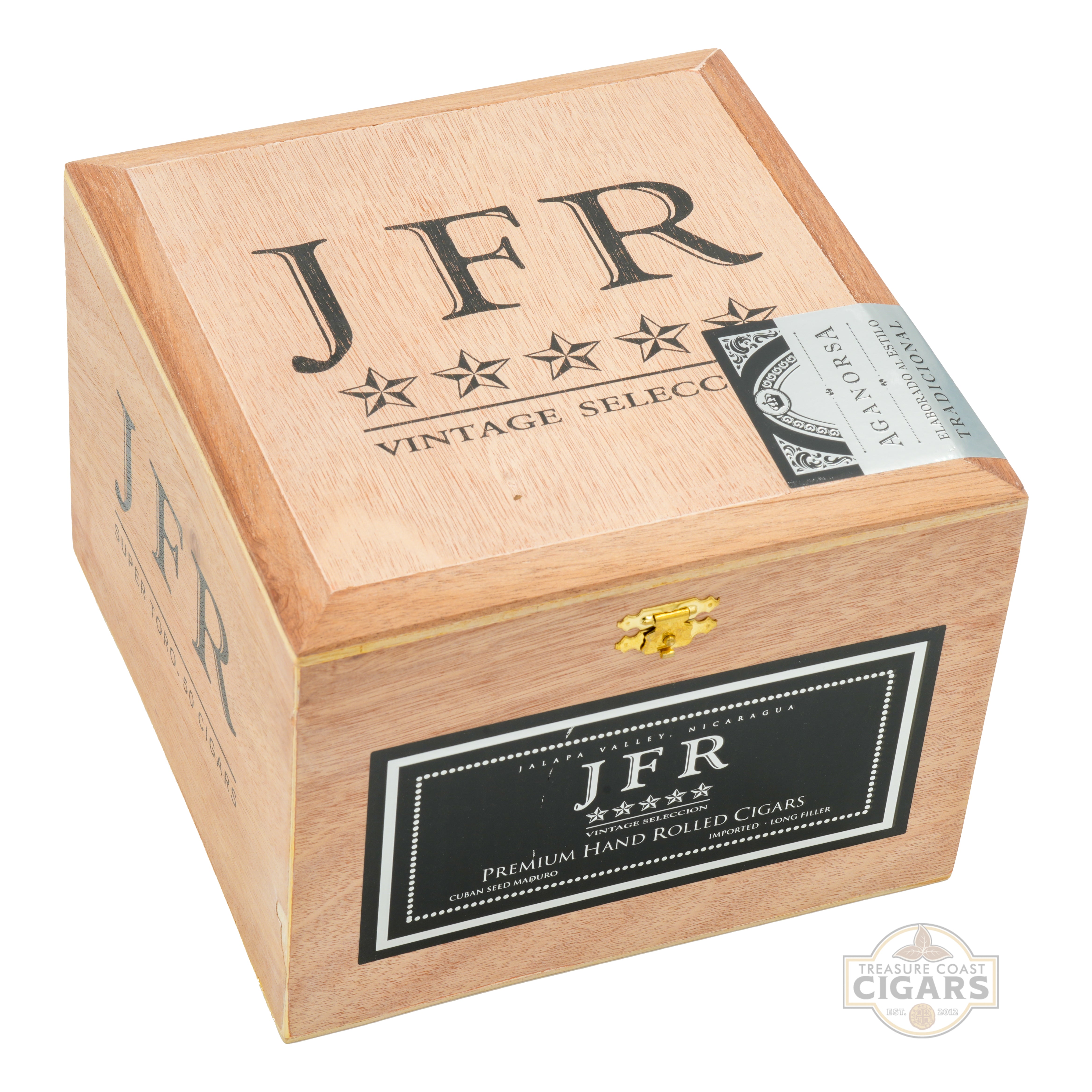 Wooden cigar box with 'JFR' branding on a white background