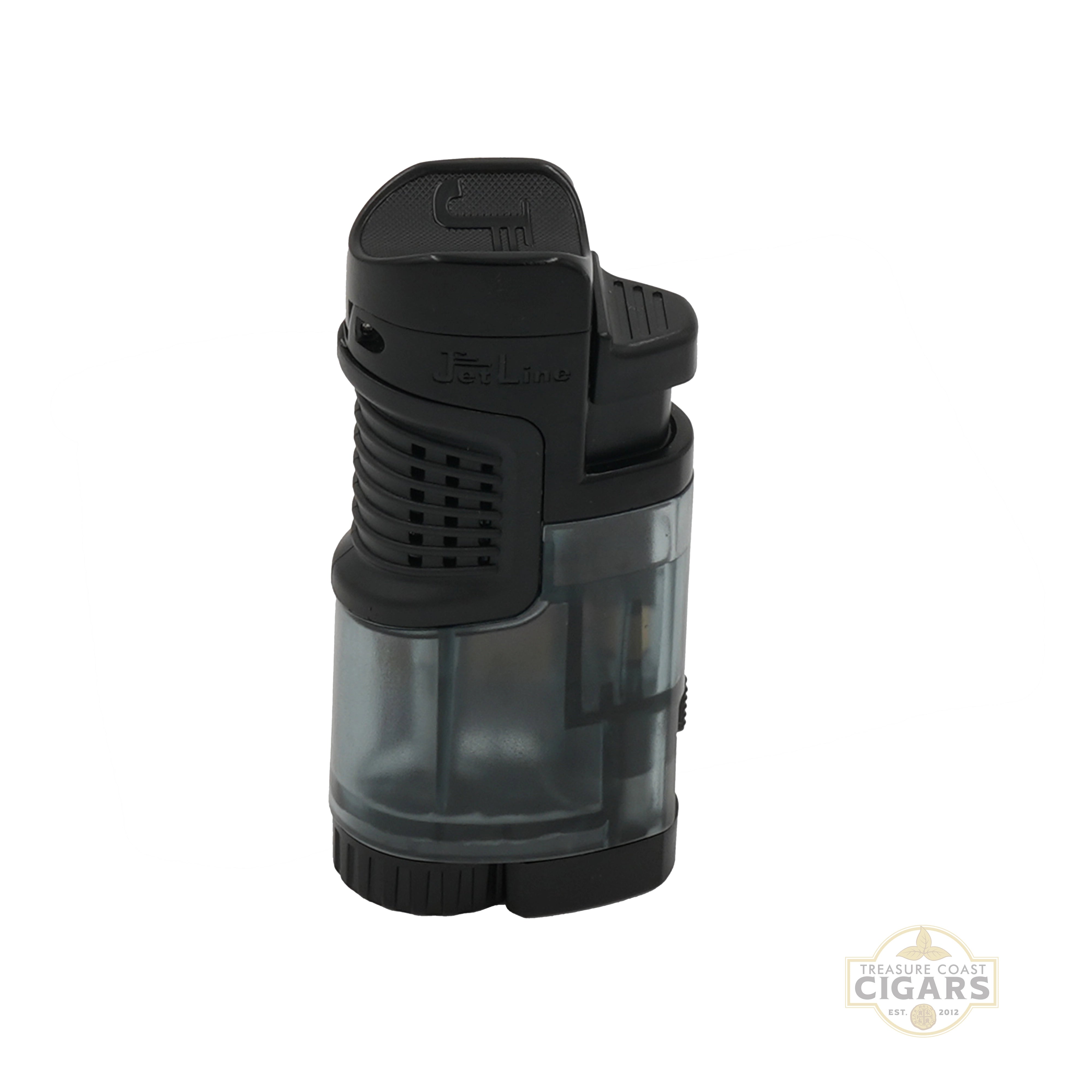 Jetline Fatboy Triple Torch Black and clear lighter on a white background
