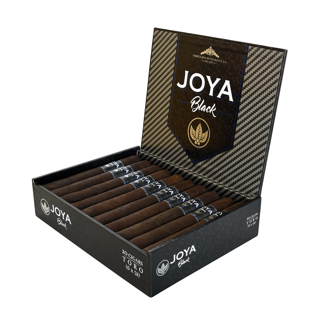 Box of Joya Black toro cigars with visible branding on a white background