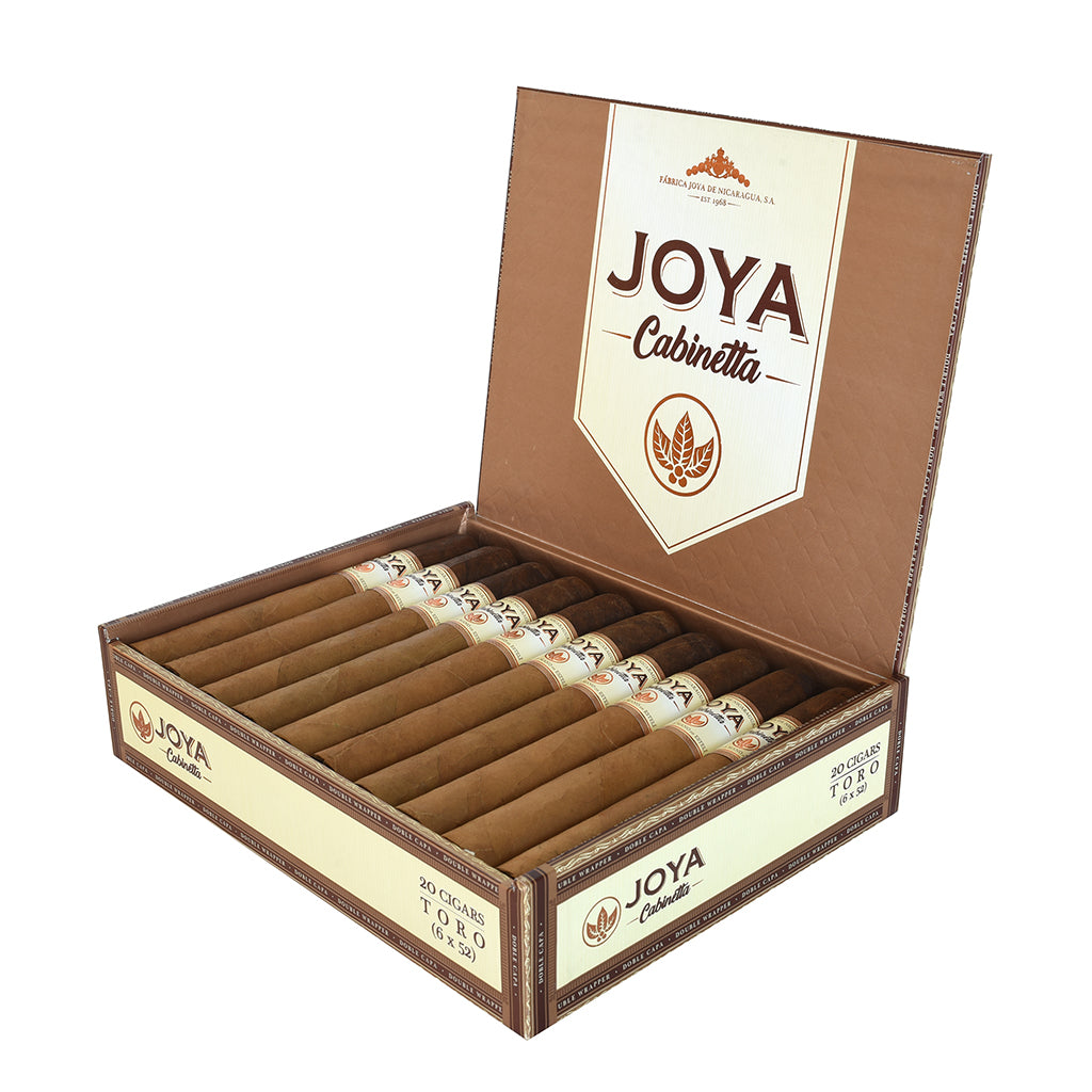 Open box of Joya Cabinetta Toro cigars on a white background