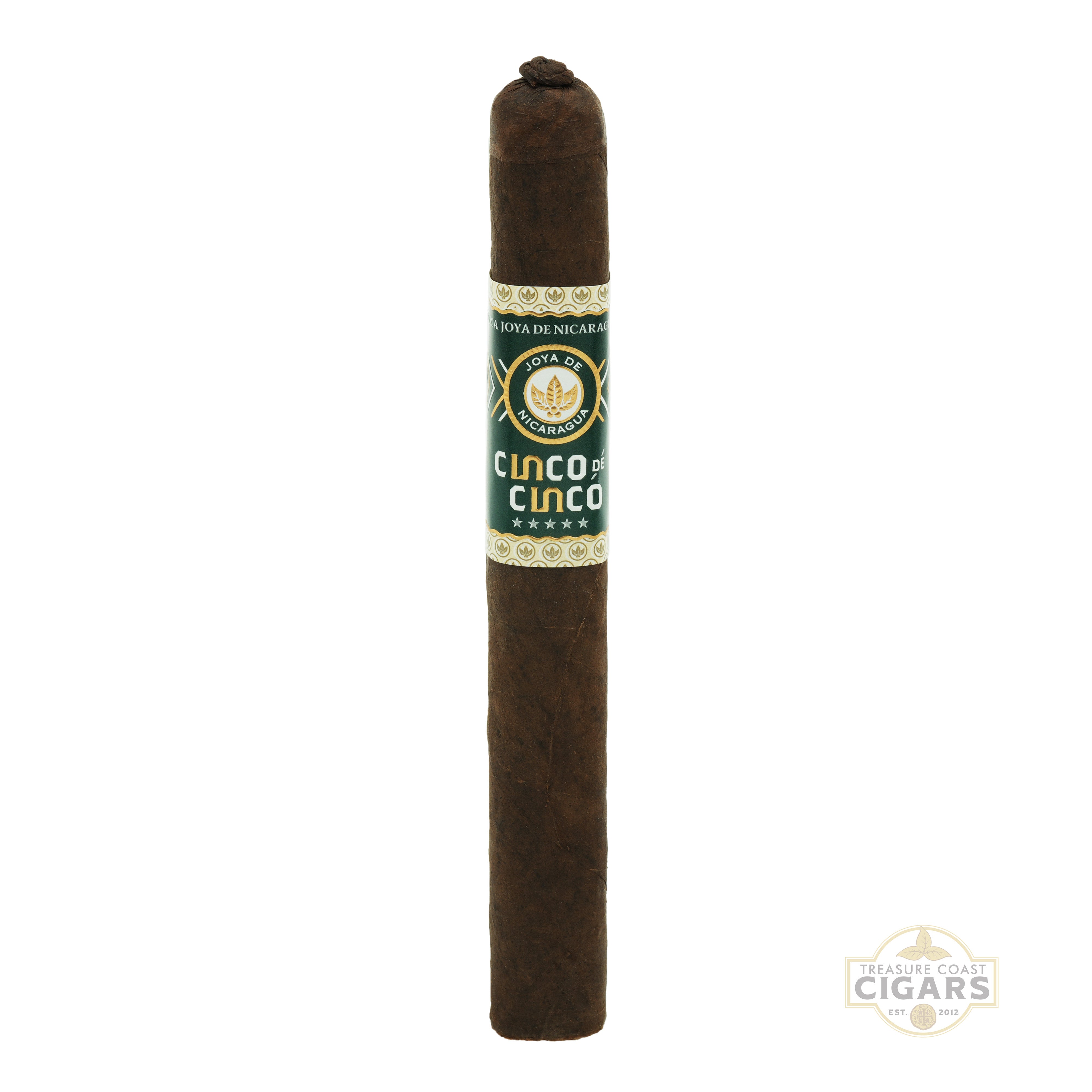 Cigar with 'Cinco De Cinco' label on a white background