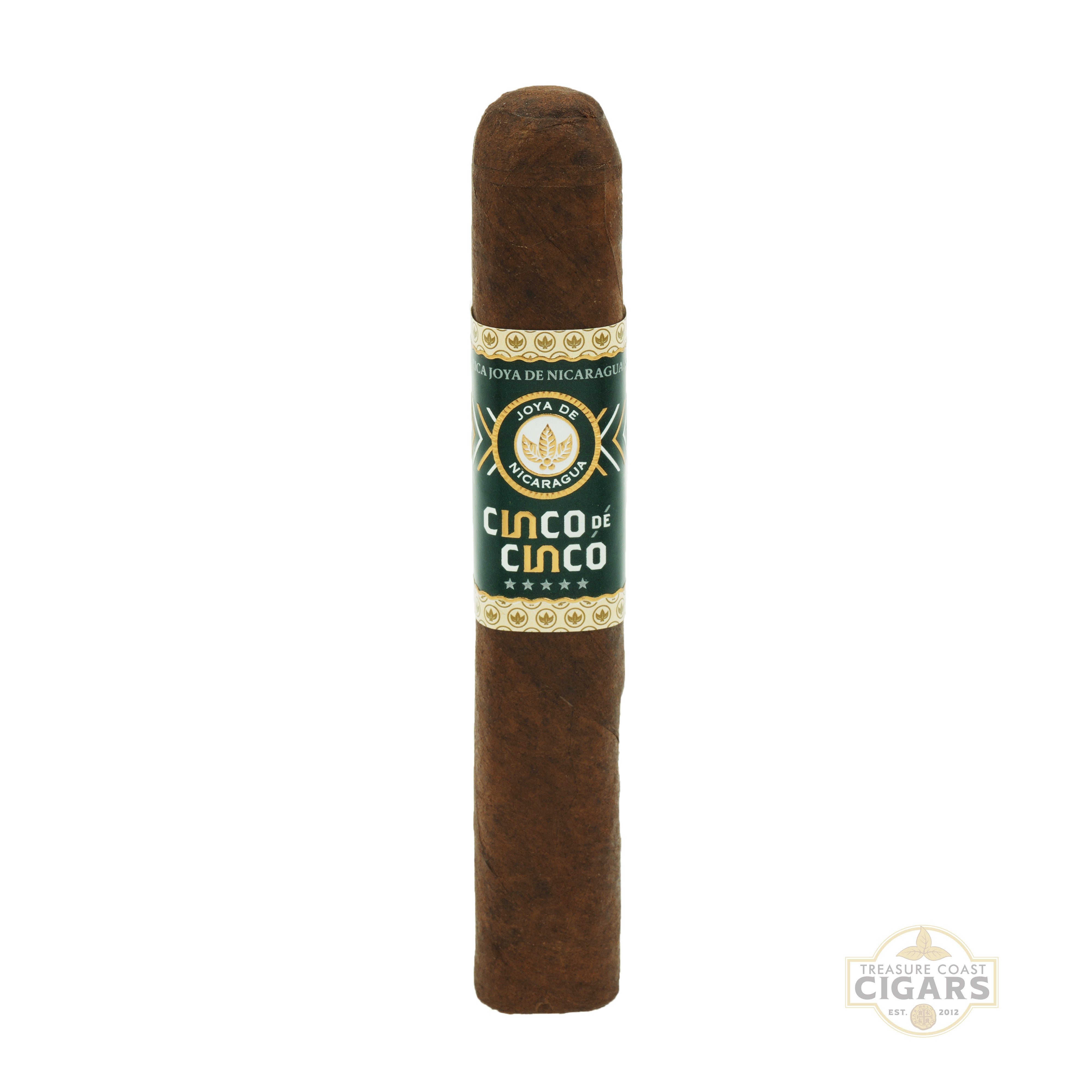 Cigar with 'Cinco de Cinco' label on a white background