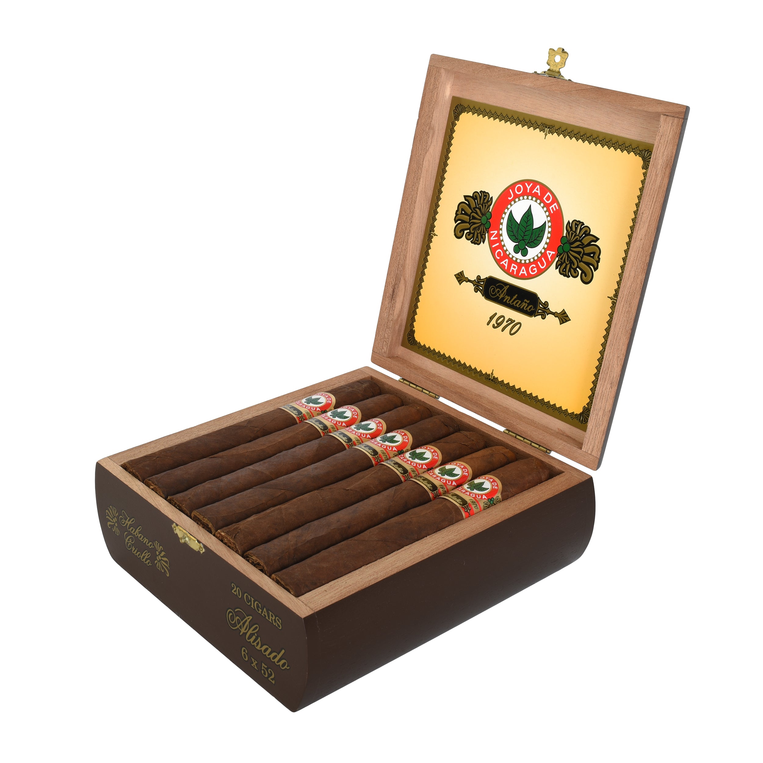 Open wooden box containing cigars with a visible brand logo on a white background
