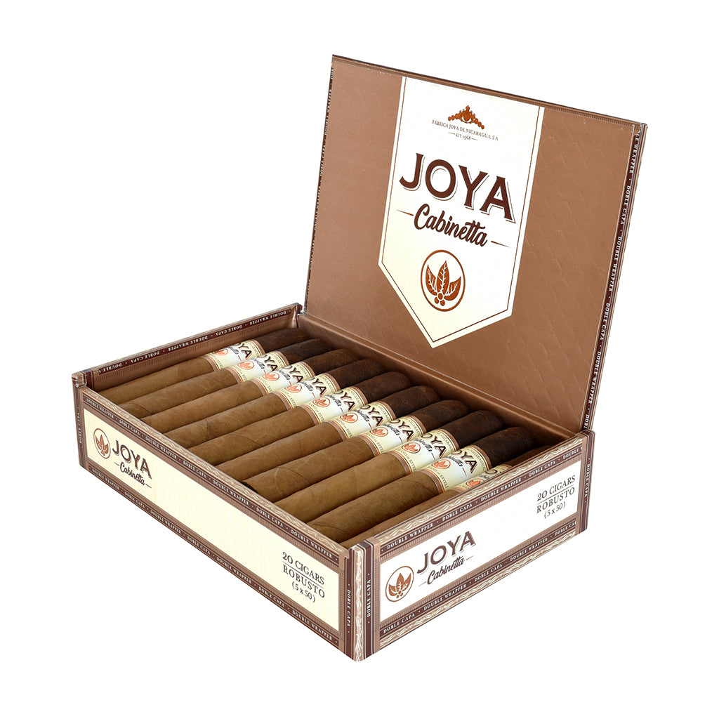 Open box of Joya de Nicaragua Cabinetta cigars on a white background