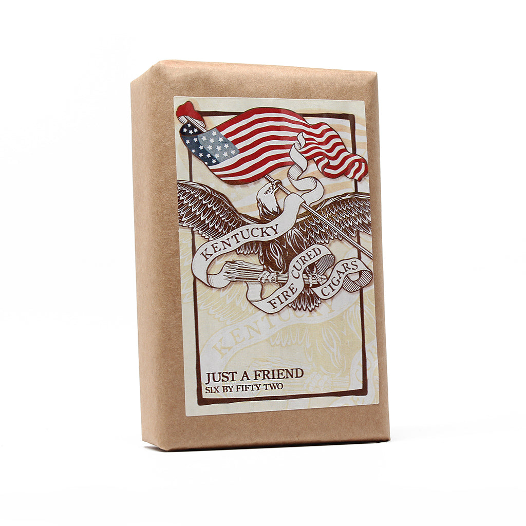 Kraft paper packaging with an eagle and American flag design, featuring text 'Kentucky Fire Cured Cigars'.