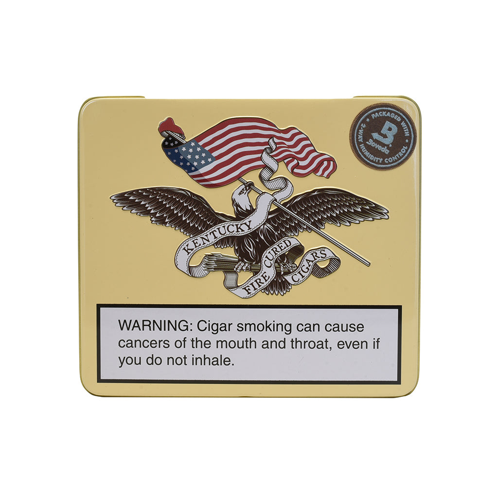 Cigar tin with American flag and eagle design, featuring a warning label.