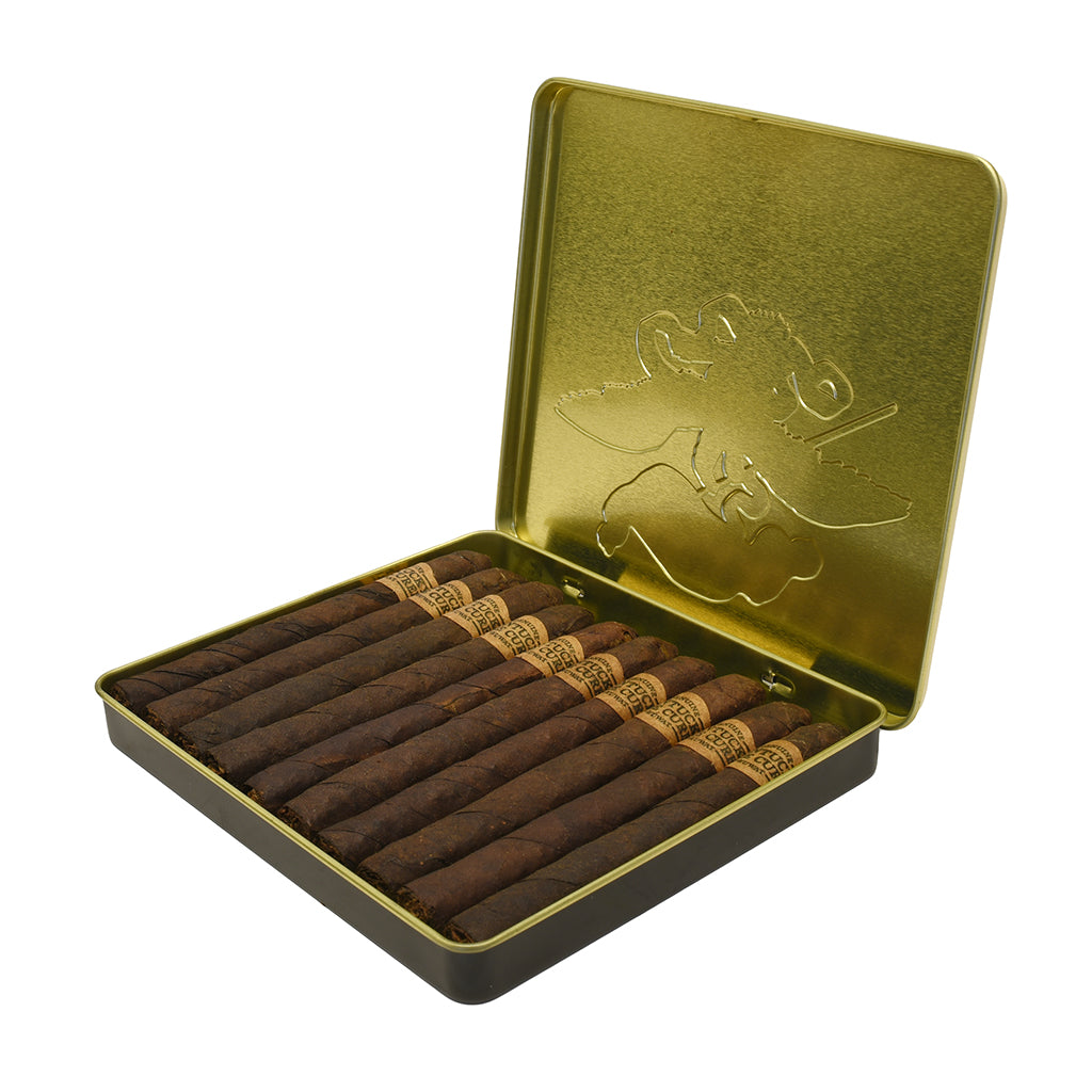 Open gold and black cigar box with cigars inside on a white background
