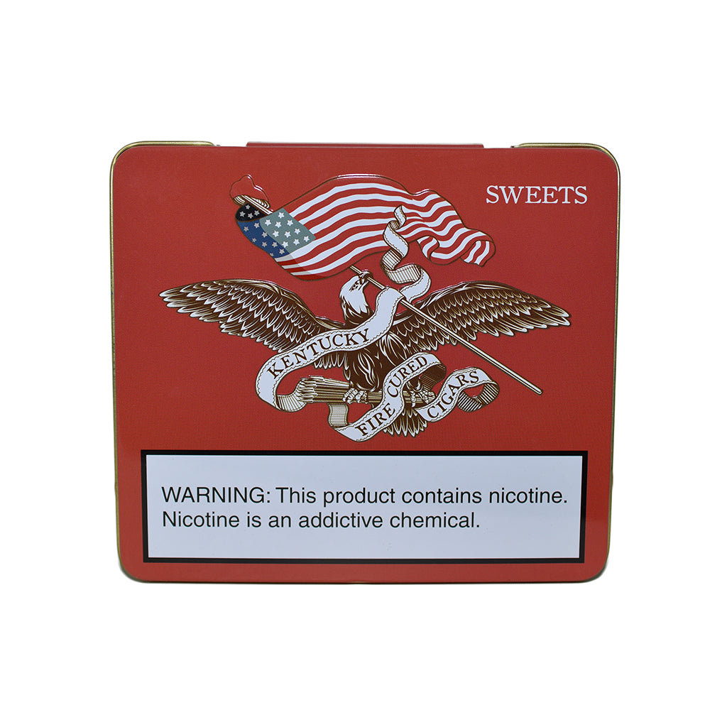 Red tin with an eagle and American flag design, featuring a warning label on a white background.