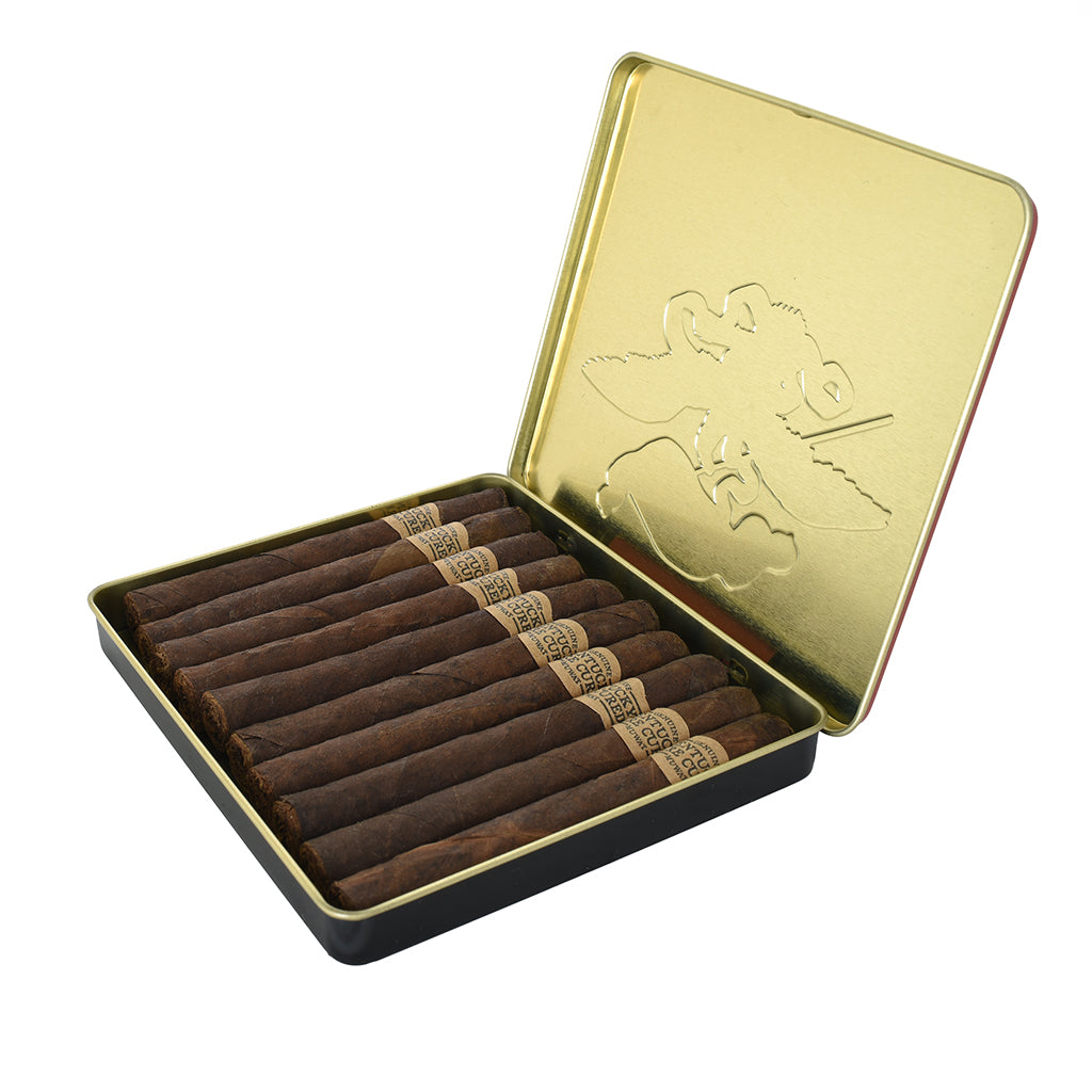 Open gold tin containing cigars on a white background