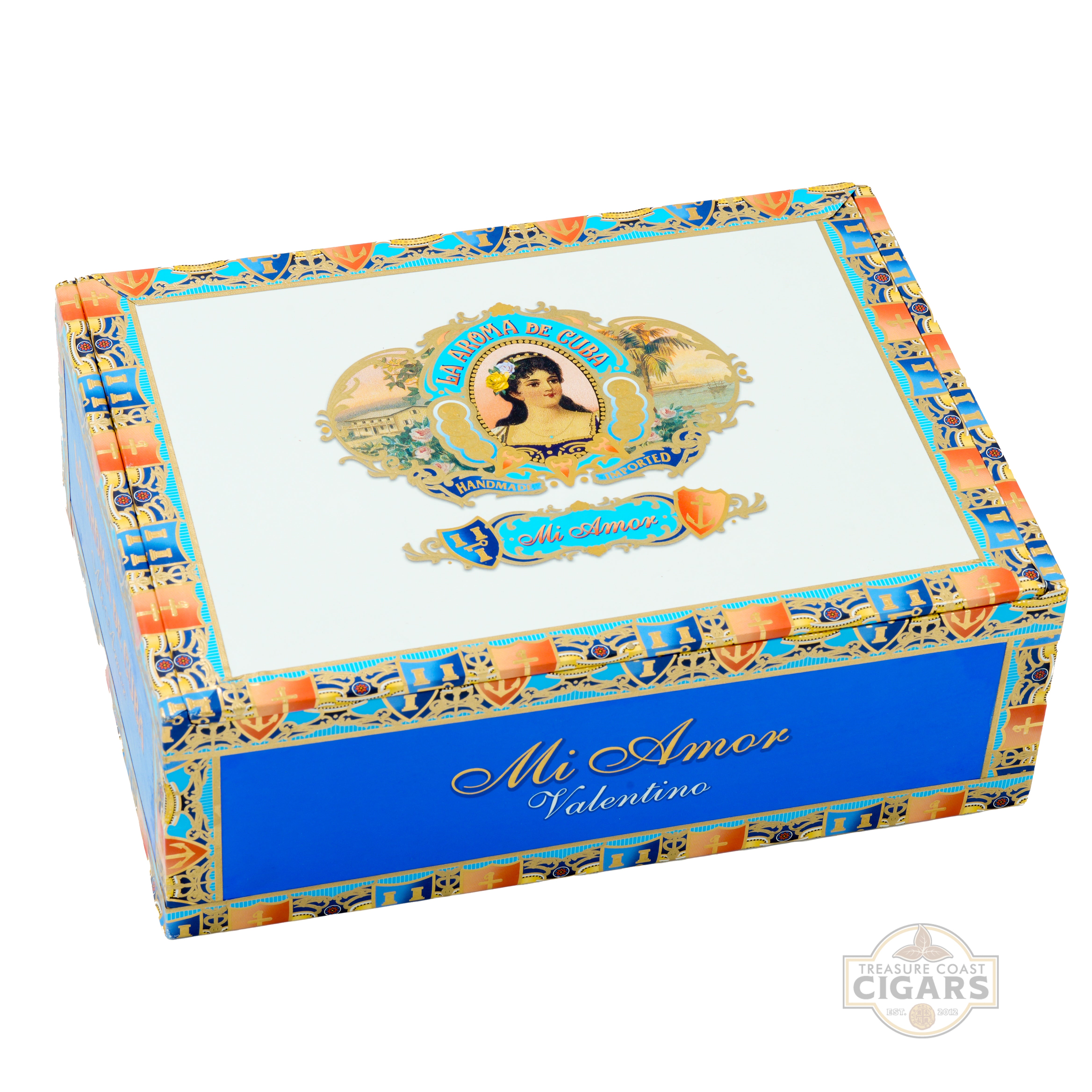 Decorative cigar box with 'Mi Amor Valentino' branding on a white background