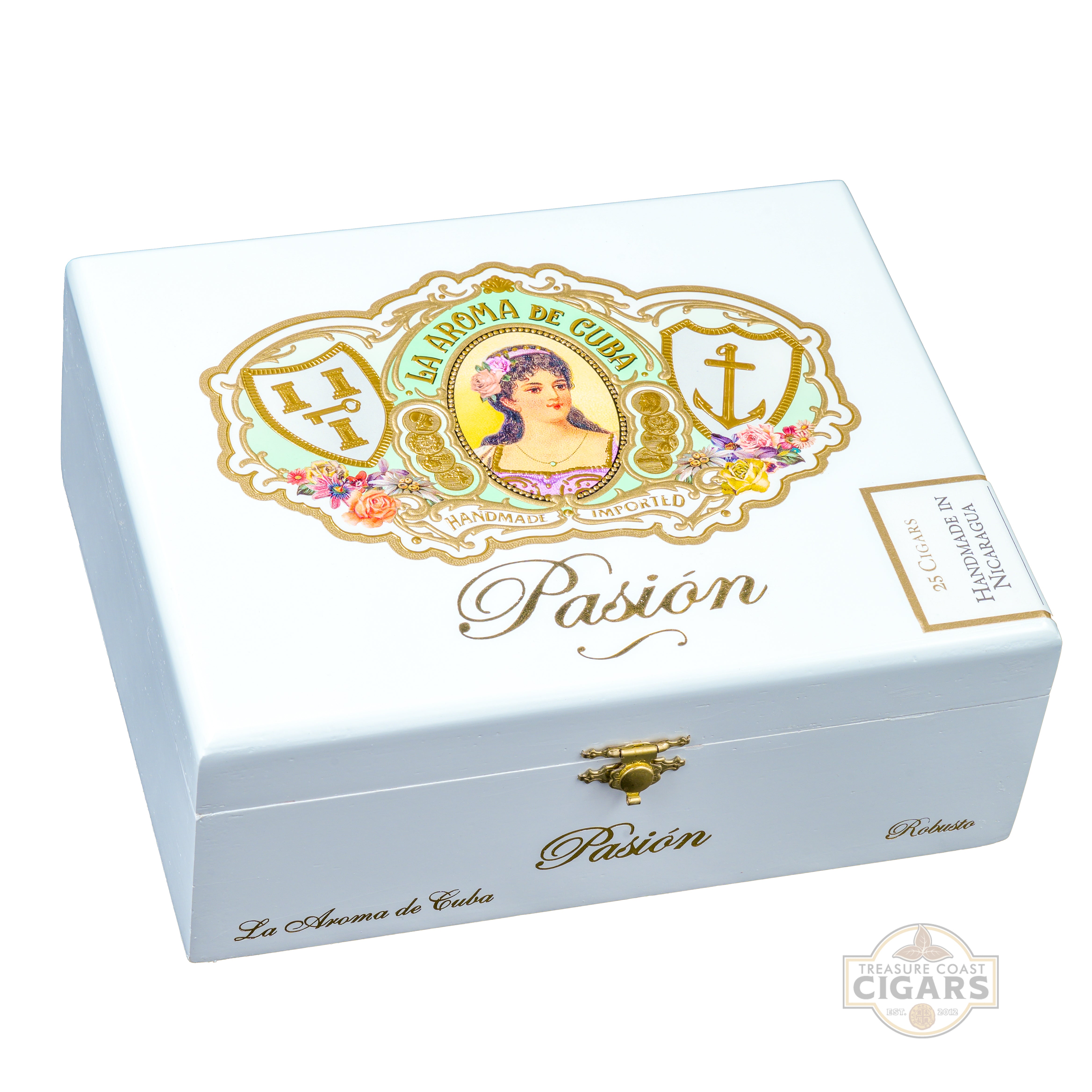 Cigar box with decorative design and 'Pasion' branding on a white background