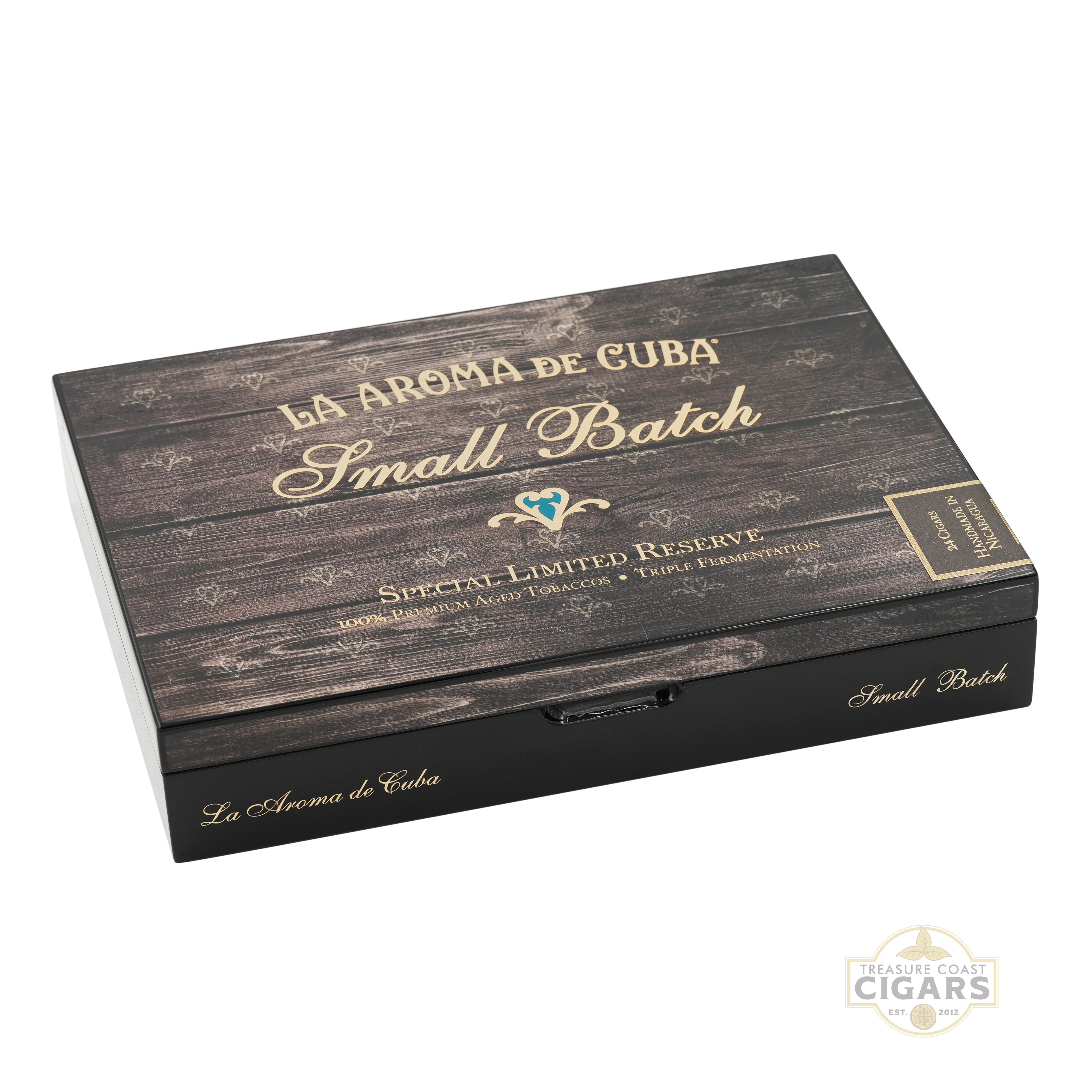 Wooden cigar box with 'La Aroma de Cuba Small Batch' branding on a white background