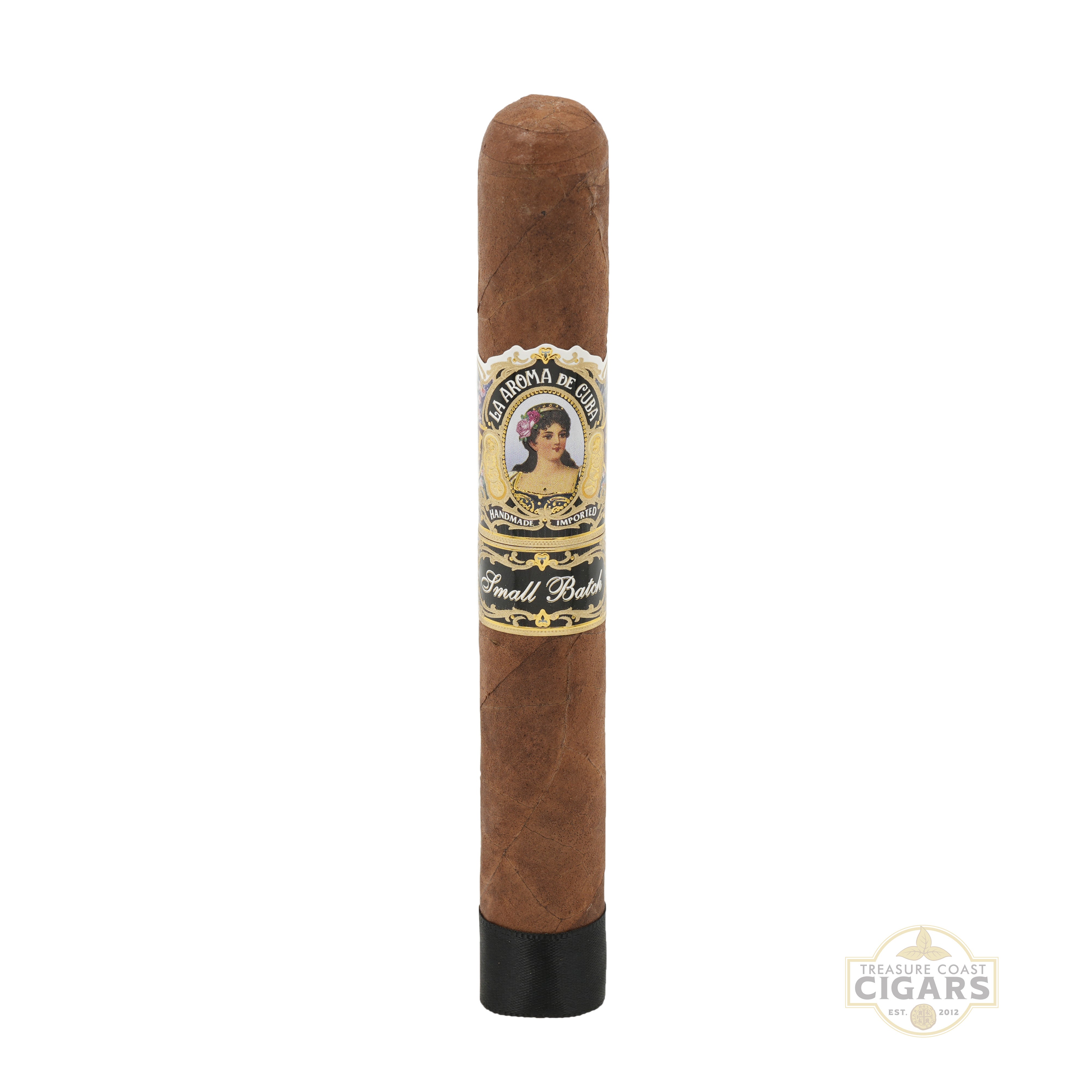 La Aroma de Cuba Small Batch cigar with a label on a white background