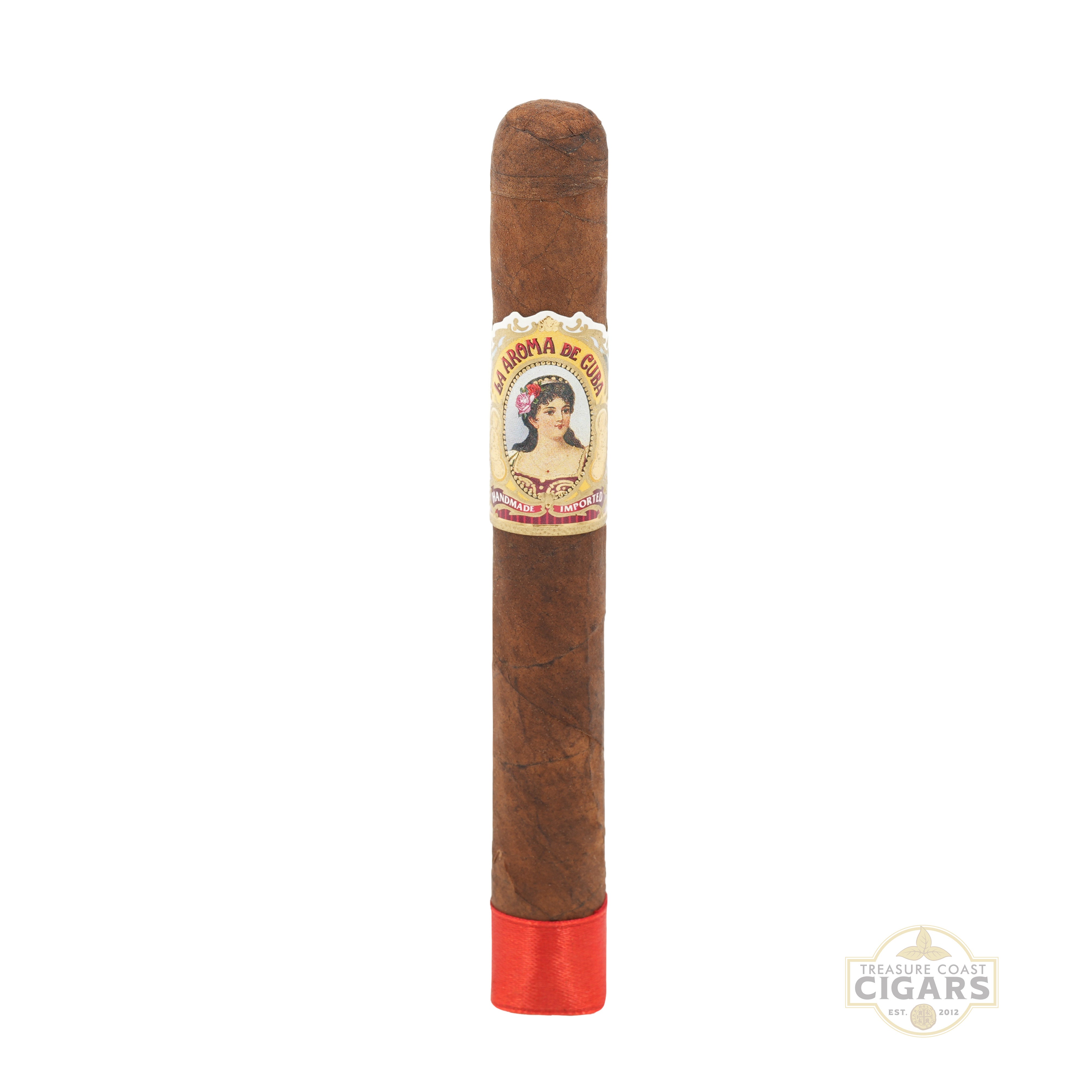 Cigar with a label featuring a woman's face on a white background
