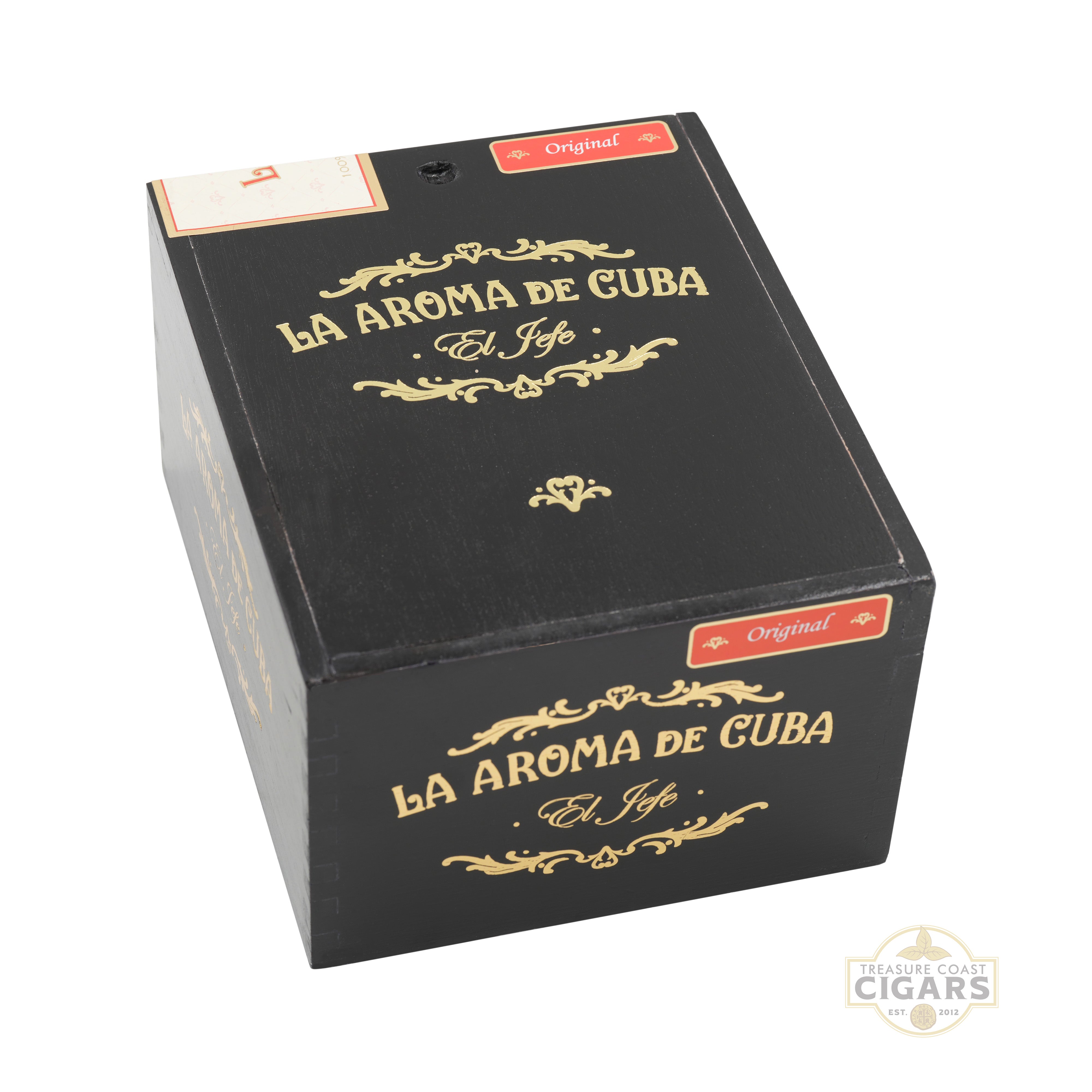 Black box with 'La Aroma de Cuba' branding on a white background